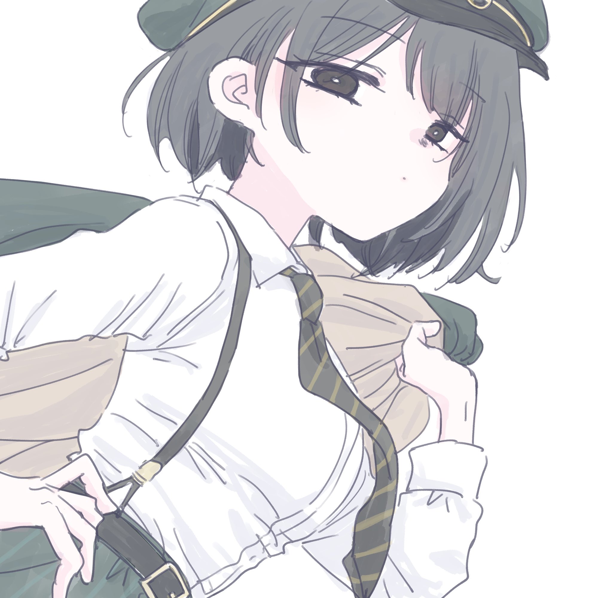 takahisayuki, blue archive, highres, 1girl, black eyes, black hair, blush, breasts, hiromi (blue archive), looking at viewer, medium breasts, medium hair, necktie, simple background, solo, upper body, white background