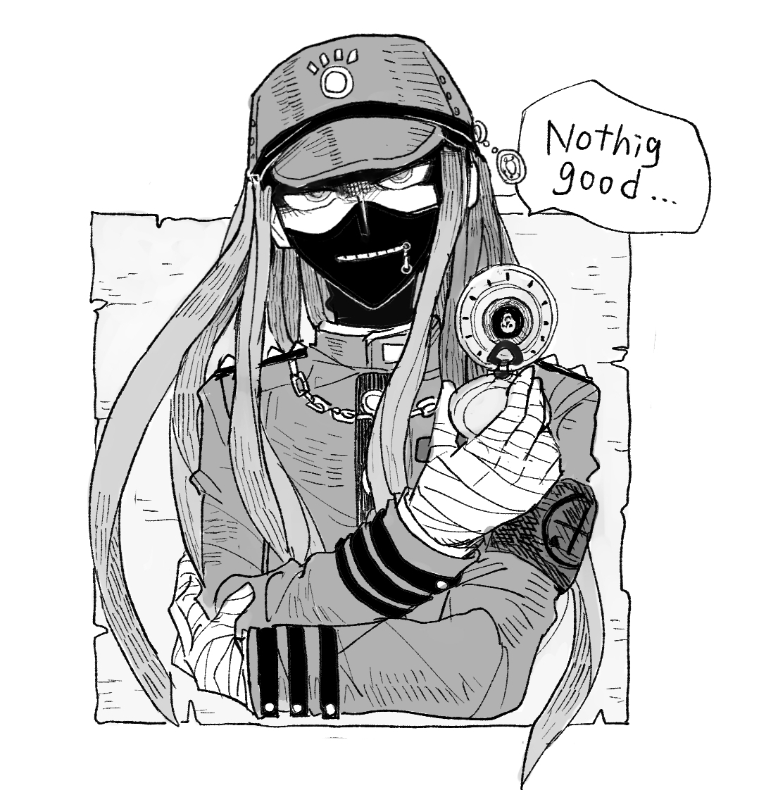 kumakoro (tetsupag), shinguji korekiyo, danganronpa (series), danganronpa v3: killing harmony, commentary request, 1boy, armband, bandaged hand, bandages, chain, chain necklace, collared jacket, covered mouth, cropped torso, english text, furrowed brow, gakuran, greyscale, hand on own elbow, hat, high collar, holding, holding pocket watch, jacket, jewelry, layered sleeves, long hair, long sidelocks, long sleeves, male focus, mask, monochrome, mouth mask, necklace, outside border, peaked cap, pocket watch, school uniform, shaded face, sidelocks, solo, speech bubble, straight hair, undershirt, very long hair, watch, white background, zipper, zipper pull tab