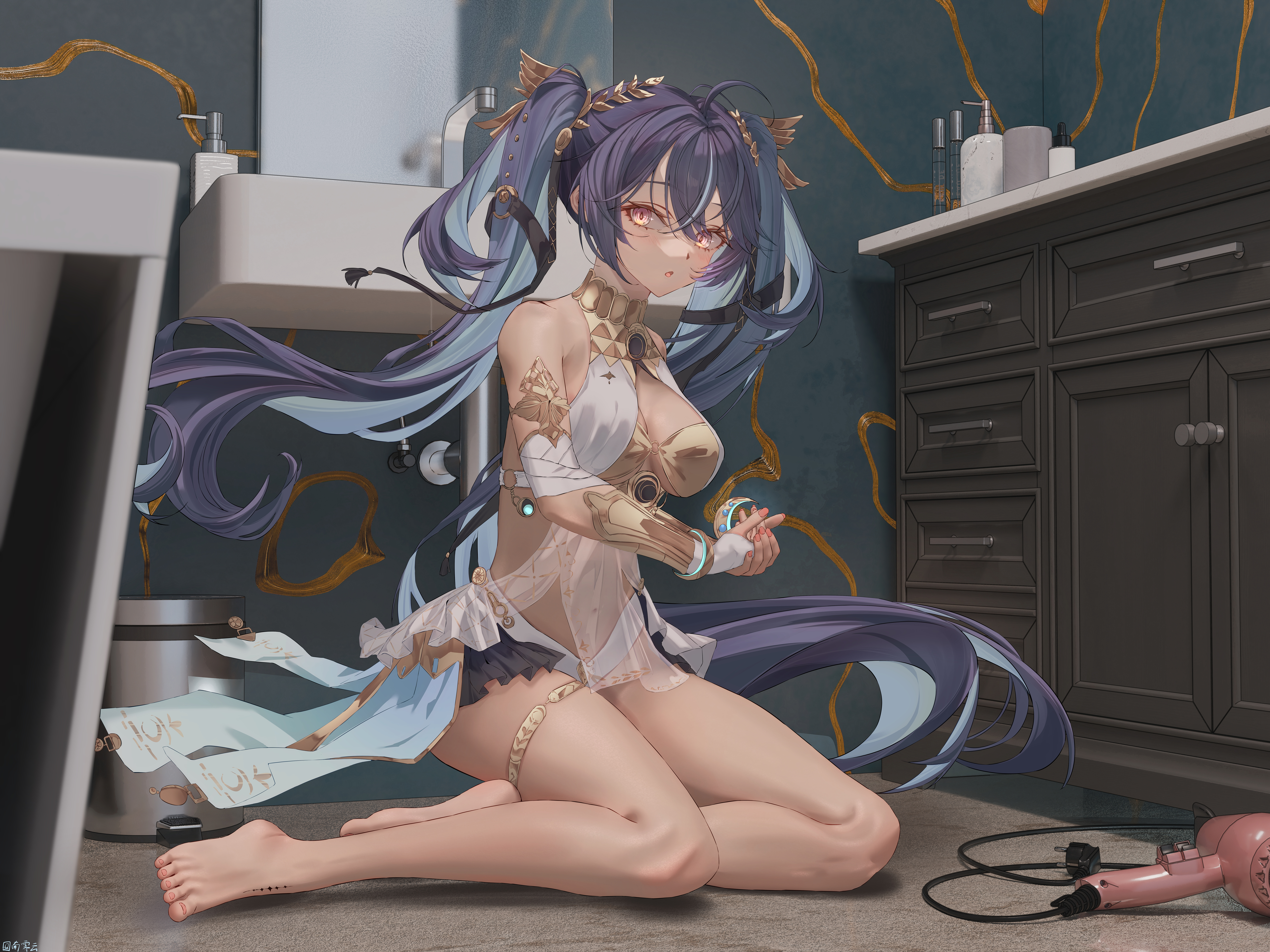 nan ji yun, iuno (wuthering waves), wuthering waves, absurdres, commentary, highres, mixed media, 1girl, 3d background, ahoge, ancient greek clothes, armlet, bare shoulders, barefoot, black skirt, blue hair, breasts, cleavage, feet, fingernails, full body, gold bra, greco-roman clothes, hair belt, hair between eyes, indoors, jewelry, laurel crown, long hair, looking at viewer, medium breasts, multicolored hair, parted lips, pink eyes, showgirl skirt, sitting, skirt, solo, streaked hair, tacet mark (wuthering waves), thighlet, toes, twintails, very long hair