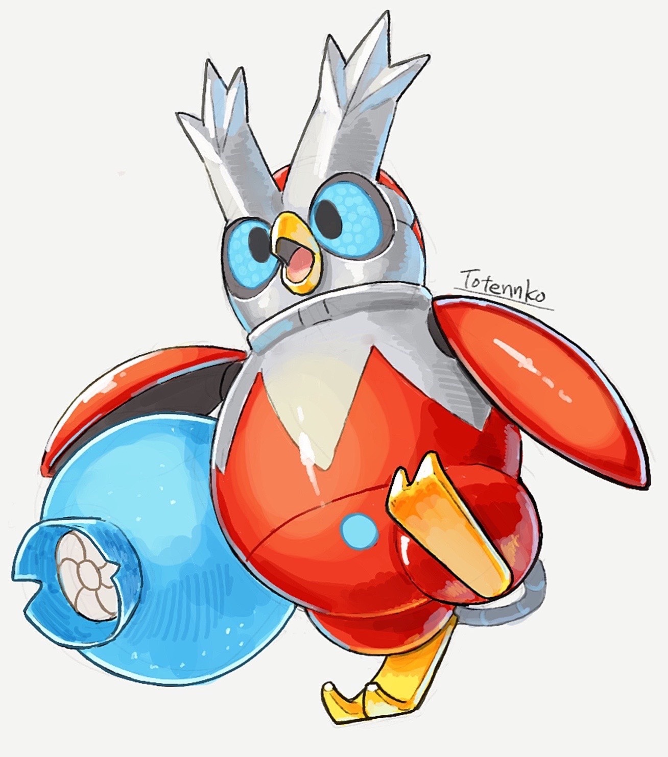 totennko, iron bundle, nintendo, pokemon, highres, artist name, looking at viewer, no humans, open mouth, pokemon (creature), simple background, solo, white background