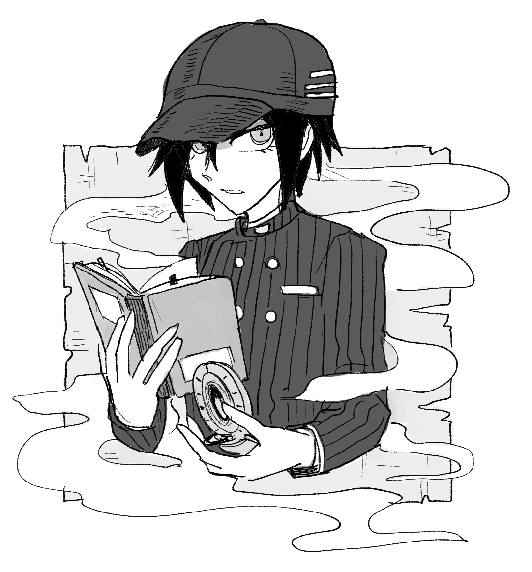 kumakoro (tetsupag), saihara shuichi, danganronpa (series), danganronpa v3: killing harmony, commentary request, 1boy, baseball cap, book, breast pocket, buttons, collared jacket, cropped torso, double-breasted, expressionless, eyelashes, greyscale, hair between eyes, hat, holding, holding book, holding pocket watch, jacket, layered sleeves, long sleeves, looking at viewer, male focus, monochrome, one eye covered, open book, outside border, parted lips, pinstripe jacket, pinstripe pattern, pocket, pocket watch, short hair, smoke, solo, watch, white background
