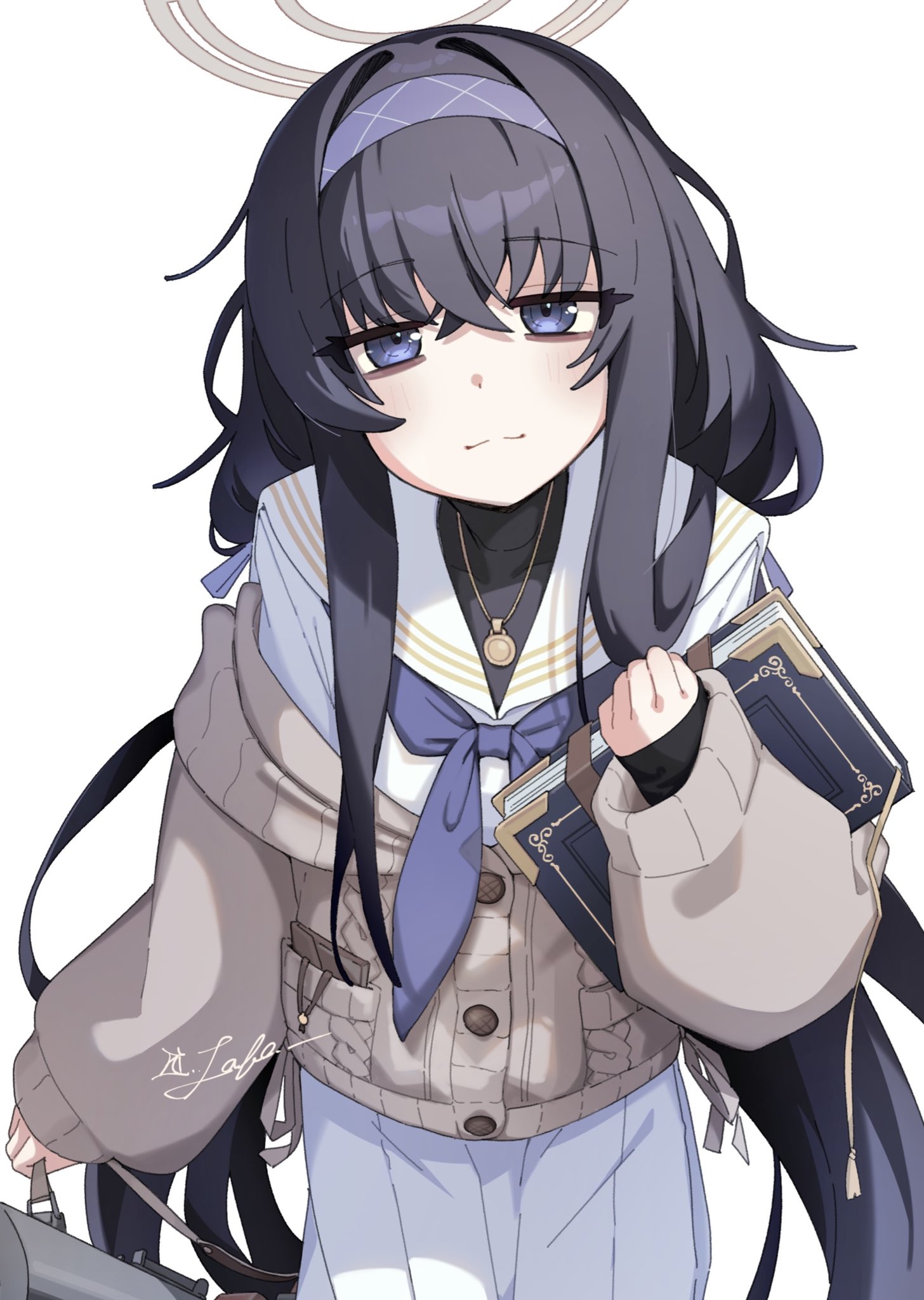 kilabo, ui (blue archive), blue archive, highres, 1girl, bags under eyes, black hair, blue hairband, blue neckerchief, book, brown halo, cardigan, crossed bangs, grey cardigan, hairband, halo, holding, holding book, light smile, long hair, looking at viewer, neckerchief, sailor collar, school uniform, serafuku, signature, skirt, smile, solo, white background, white sailor collar, white serafuku, white skirt