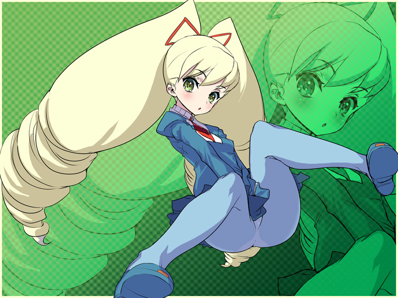 akaga hirotaka, luna platz (mega man), capcom, mega man (series), mega man star force (series), 00s, 1girl, :o, big hair, blonde hair, blue pantyhose, blush, drill hair, embarrassed, female focus, flat chest, green eyes, hair ribbon, long hair, necktie, open mouth, panties, panties under pantyhose, pantyhose, pleated skirt, ribbon, school uniform, serafuku, shoes, sitting, skirt, solo, spread legs, surprised, twin drills, twintails, underwear, upskirt, very long hair, zoom layer