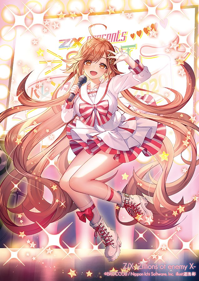 yuasa akira, z/x, official art, 1girl, ahoge, bow, bow legwear, bowtie, breasts, brown eyes, brown hair, concert, copyright notice, hair ornament, holding, holding microphone, idol clothes, large breasts, long hair, microphone, monitor, multicolored skirt, open mouth, pink bow, pink skirt, prism (z/x), sailor collar, screen, shirt, shoes, skirt, socks, solo, sparkle, star (symbol), star hair ornament, striped bow, striped bowtie, striped clothes, striped skirt, very long hair, white sailor collar, white shirt, white shoes, white skirt, white socks