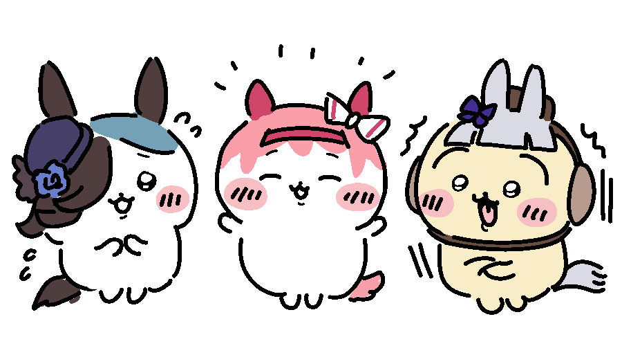 jazz jack, chiikawa (character), gold ship (umamusume), hachiware (chiikawa), haru urara (umamusume), rice shower (umamusume), usagi (chiikawa), chiikawa, umamusume, commentary, :3, blunt bangs, blush stickers, brown hair, closed eyes, cosplay, ear covers, fascinator, flying sweatdrops, gold ship (umamusume) (cosplay), grey hair, hair over one eye, hairband, haru urara (umamusume) (cosplay), hat, horse tail, open mouth, pink hair, rice shower (umamusume) (cosplay), smile, tail