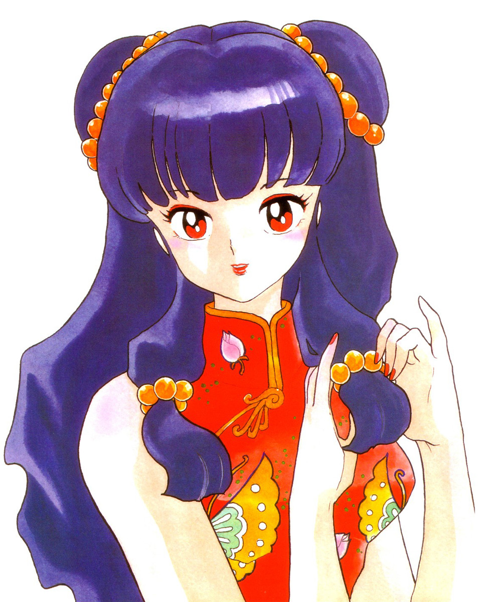 takahashi rumiko, shampoo (ranma 1/2), ranma 1/2, highres, official art, 1990s (style), 1girl, china dress, chinese clothes, dress, female focus, long hair, purple hair, red eyes, retro artstyle, simple background, solo, white background