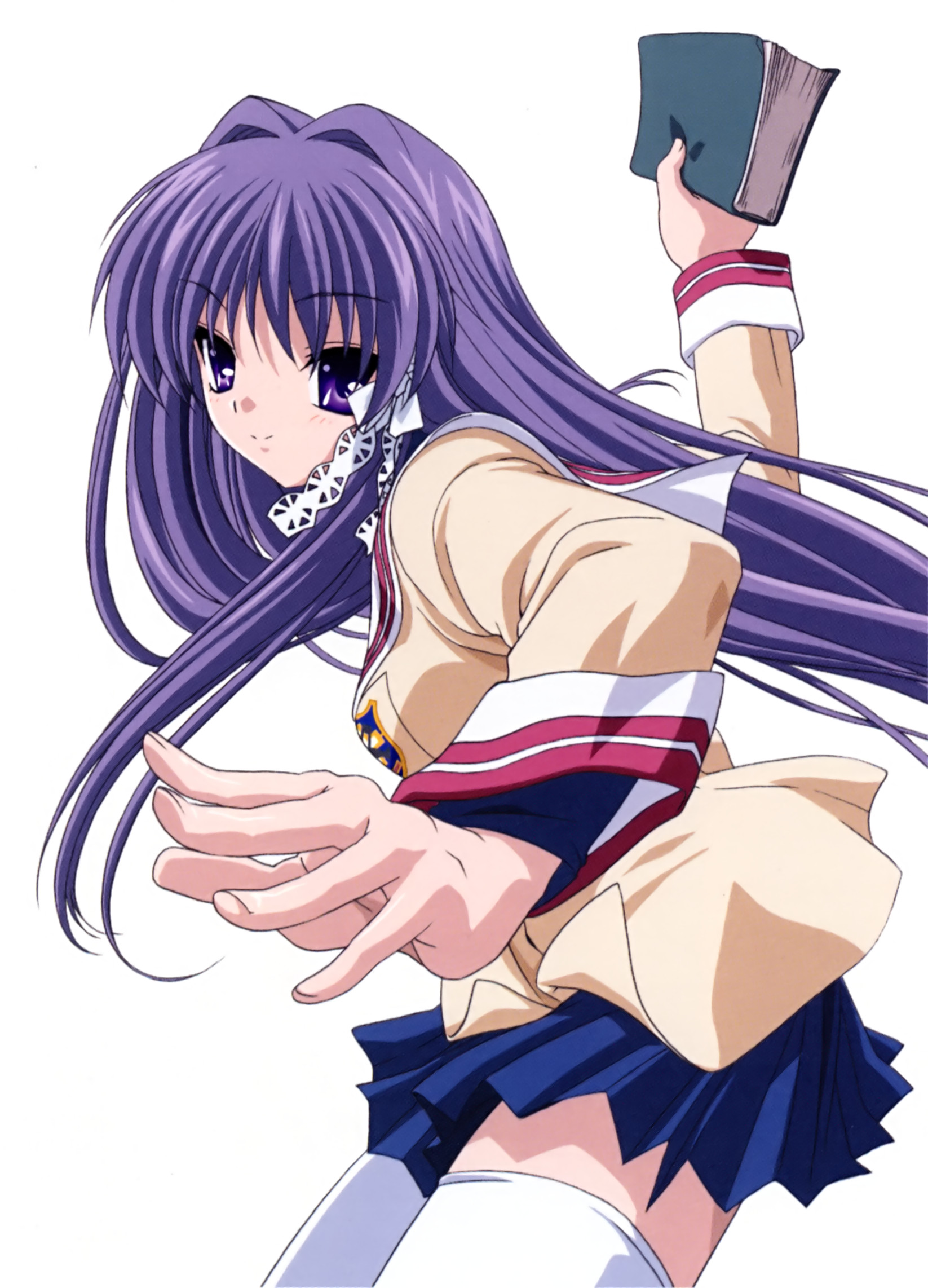 fujibayashi kyou, clannad, highres, non-web source, 00s, 1girl, book, female focus, long hair, purple eyes, purple hair, school uniform, serafuku, simple background, solo, standing, thighhighs, very long hair, white background