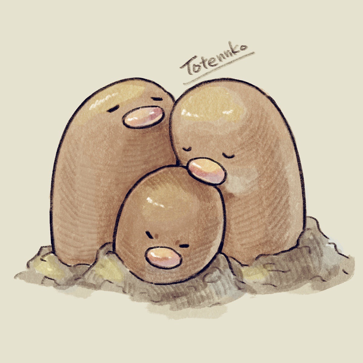 totennko, dugtrio, nintendo, pokemon, highres, artist name, dirt, gen 1 pokemon, grey background, no humans, pokemon (creature), signature, simple background
