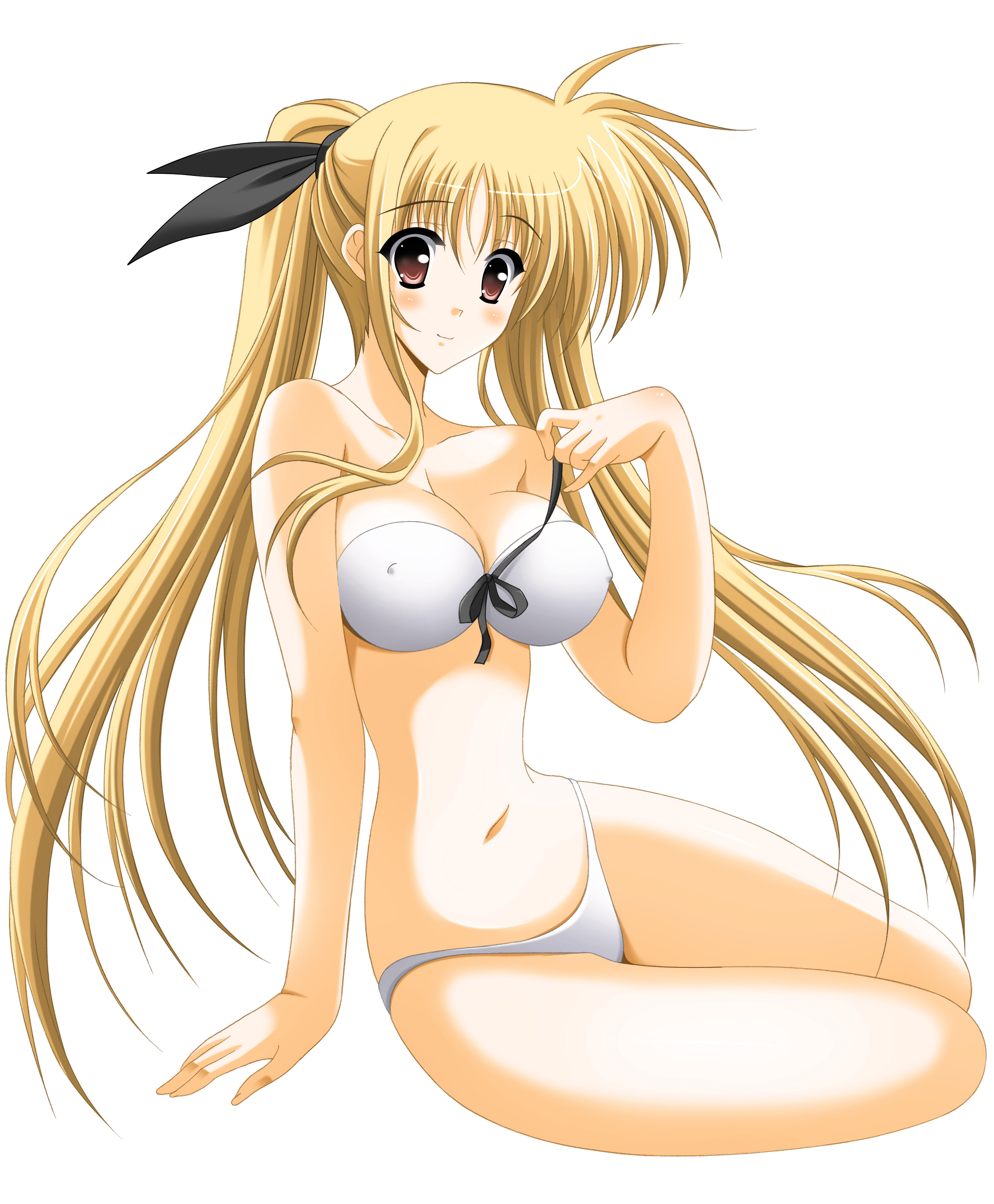 oda ken'ichi, fate testarossa, lyrical nanoha, mahou shoujo lyrical nanoha, absurdres, highres, 00s, 1girl, bikini, blonde hair, breasts, cleavage, female focus, large breasts, long hair, solo, swimsuit, twintails, very long hair, white bikini