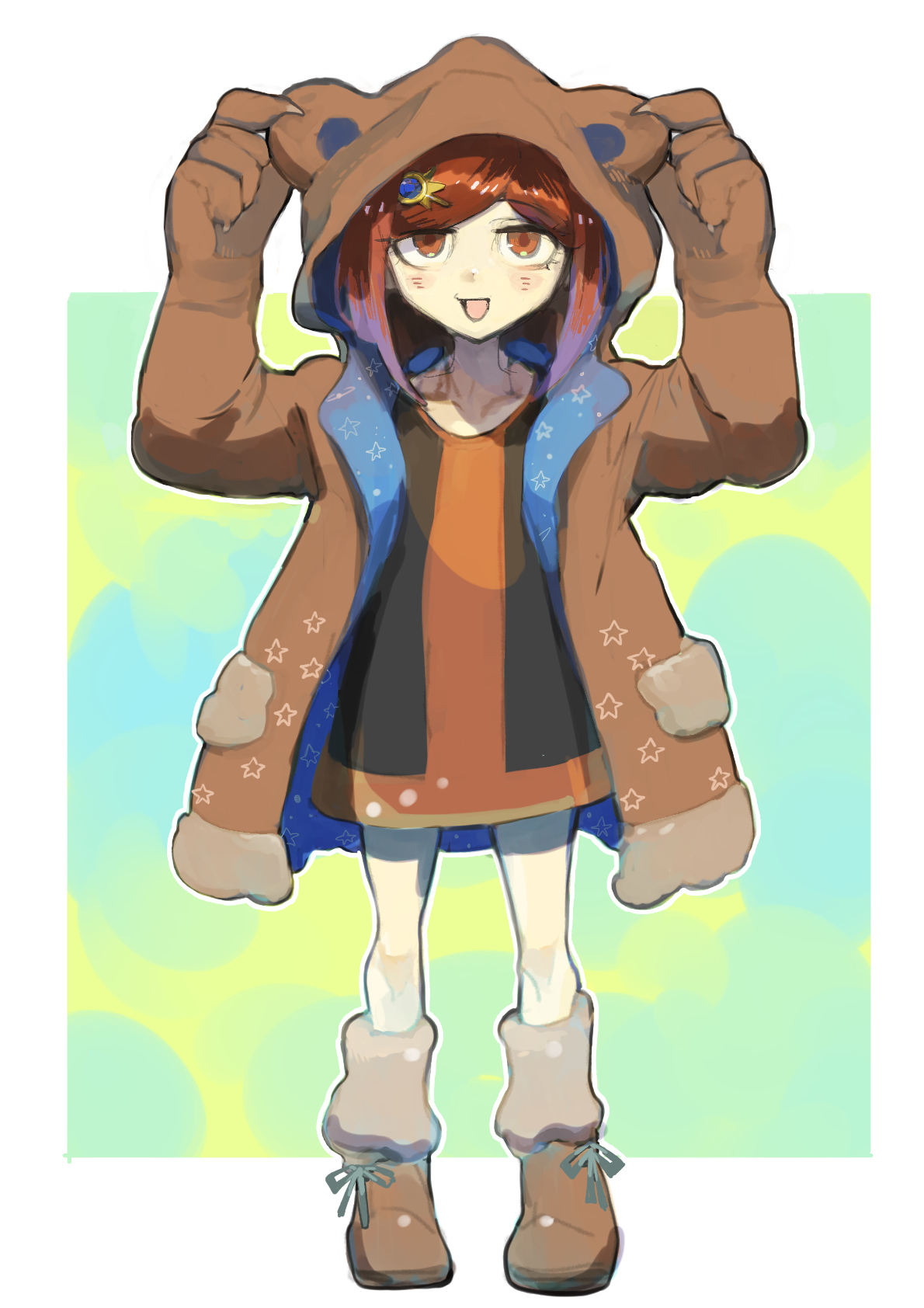 kumakoro (tetsupag), yumeno himiko, danganronpa (series), danganronpa v3: killing harmony, commentary request, highres, 1girl, alternate costume, animal ear hood, animal ears, animal hands, bear ears, black dress, blue gemstone, blunt ends, bob cut, boots, border, brown boots, brown coat, brown gloves, coat, collarbone, dress, eyelashes, fake animal ears, footwear ribbon, full body, fur-trimmed boots, fur-trimmed coat, fur trim, gem, gem hair ornament, gloves, green background, green ribbon, hair ornament, hairclip, hands on headwear, happy, hood, hooded coat, knee boots, knees, light blush, long sleeves, open clothes, open coat, open mouth, outline, outside border, paw gloves, pocket, print coat, red dress, red eyes, red hair, ribbon, short dress, short hair, smile, solo, star (symbol), star print, straight-on, two-tone dress, white border, white outline