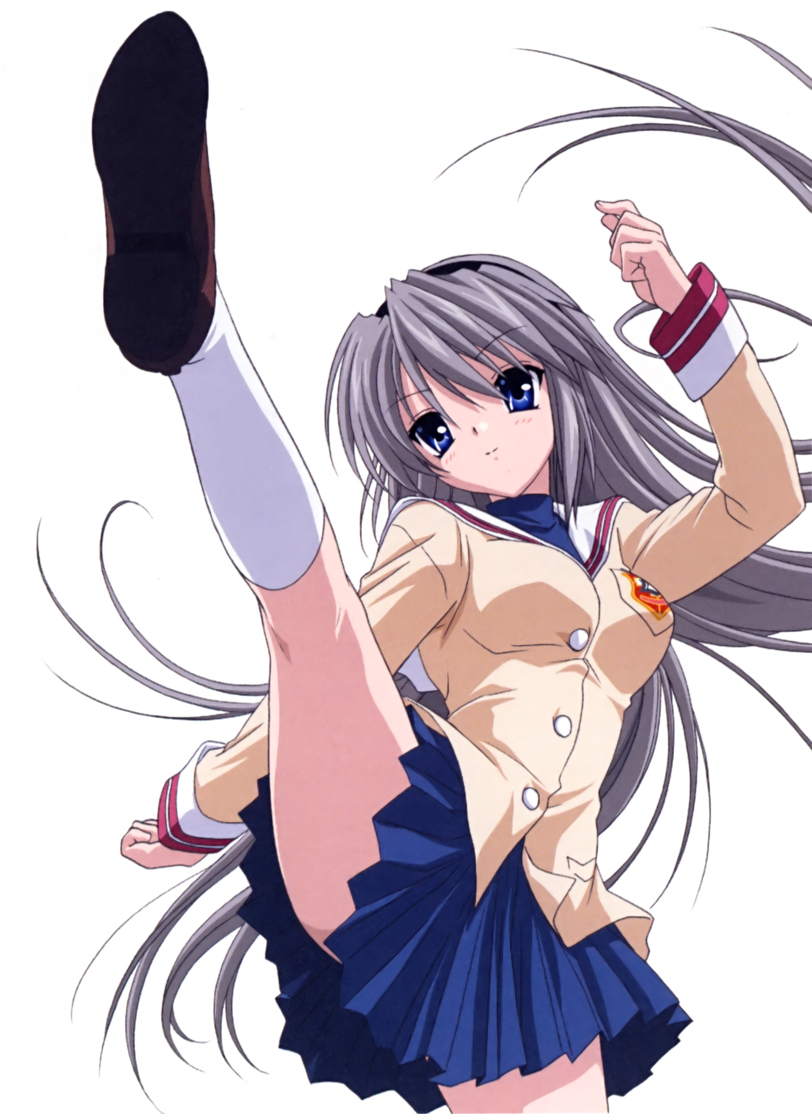 sakagami tomoyo, clannad, silver hair, highres, non-web source, scan, 00s, 1girl, blue eyes, female focus, hairband, headband, high kick, kicking, leg lift, long hair, school uniform, serafuku, skirt, solo, very long hair