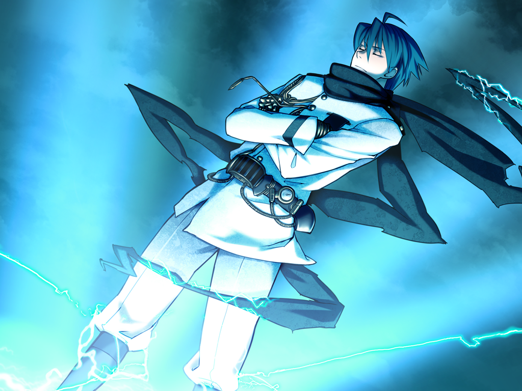 kome (vm500), ourai no gahkthun, steampunk (liarsoft), game cg, non-web source, official art, ahoge, belt, blue hair, boots, clock, closed eyes, crossed arms, expressionless, gloves, knee boots, lightning, male focus, mechanical gloves, military, military uniform, nikola tesla (ourai no gahkthun), pants, scarf, solo