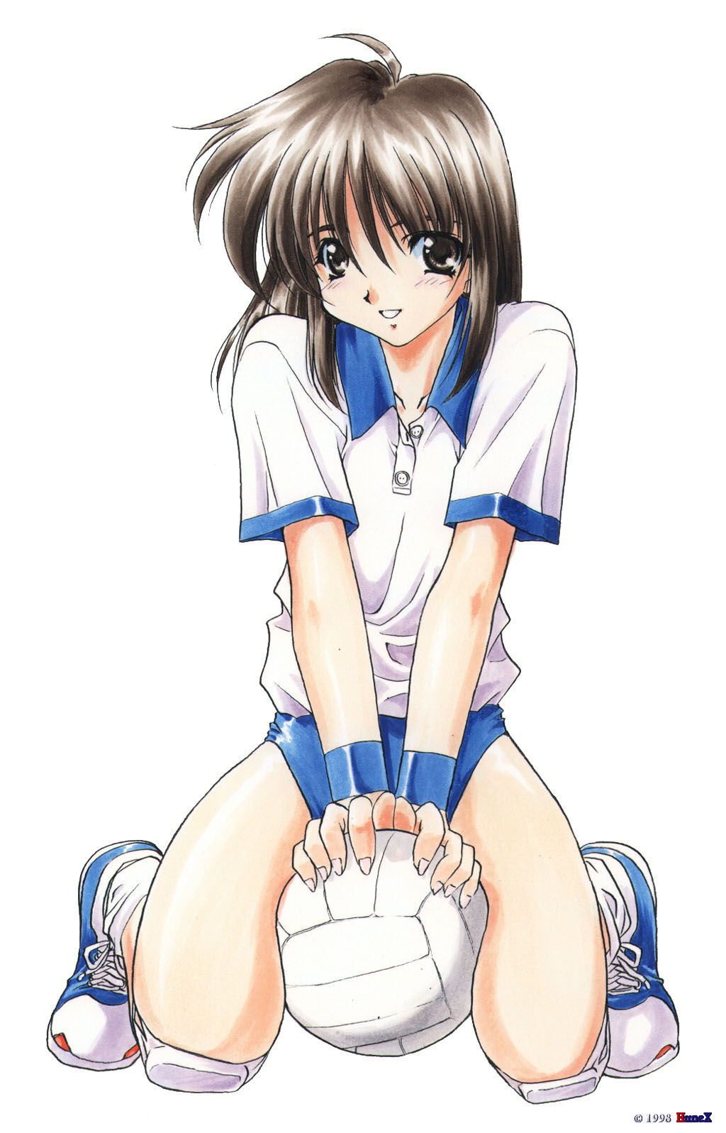 highres, non-web source, 1993, 1girl, ball, brown eyes, brown hair, buruma, collarbone, female focus, gym uniform, long hair, matching hair/eyes, shoelaces, shoes, solo, volleyball, volleyball (object), wristband