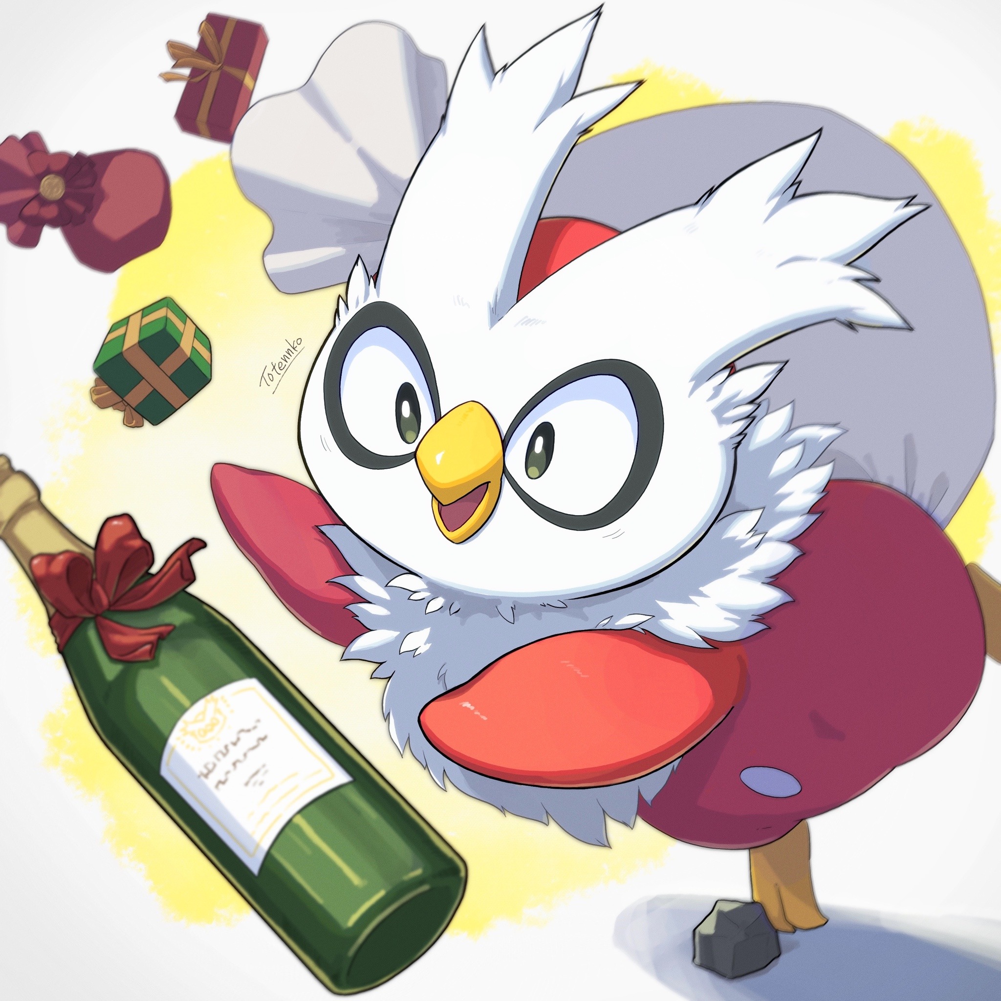 totennko, delibird, nintendo, pokemon, highres, artist name, beak, bottle, christmas present, gen 2 pokemon, gift, no humans, open mouth, pokemon (creature), rock, sack, signature, solo, tripping