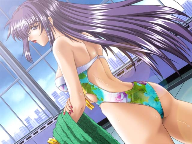 inu yoshiki, bishoujo dorei club, game cg, non-web source, 1girl, ass, casual one-piece swimsuit, long hair, one-piece swimsuit, purple eyes, purple hair, swimsuit, towel, wet