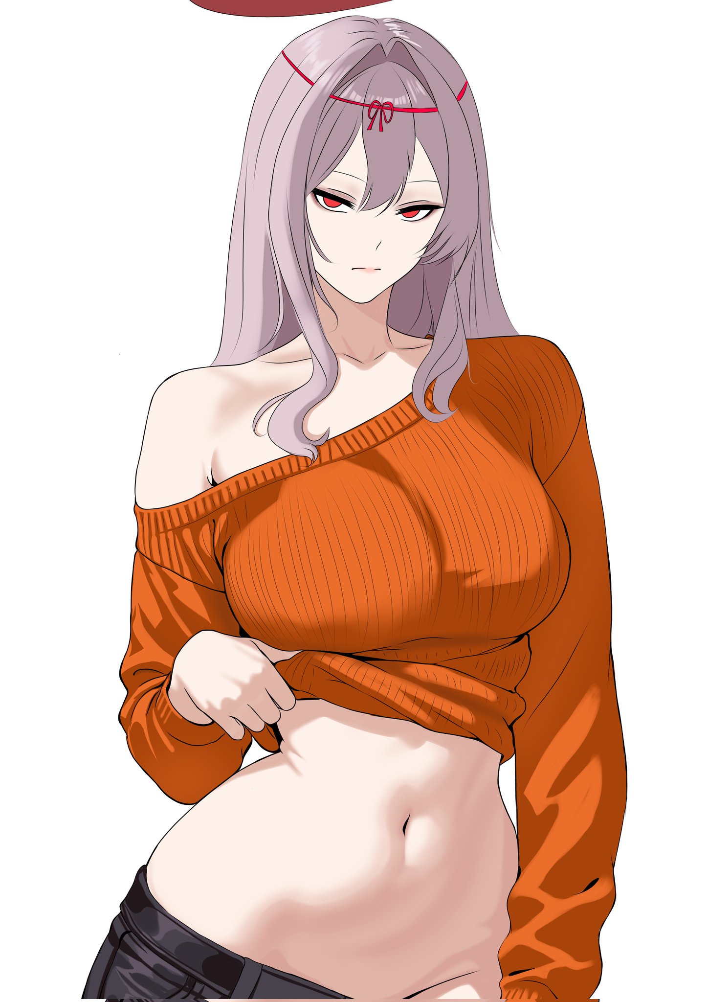 yeux a, scarlet (black shadow) (nikke), scarlet (nikke), goddess of victory: nikke, commentary, corrupted twitter file, highres, 1girl, alternate costume, breasts, closed mouth, clothes lift, collarbone, frown, grey hair, groin, hair between eyes, half-closed eyes, halo, large breasts, long hair, looking at viewer, midriff, navel, off-shoulder sweater, off shoulder, orange sweater, red eyes, red halo, serious, simple background, single bare shoulder, solo, sweater, sweater lift, white background