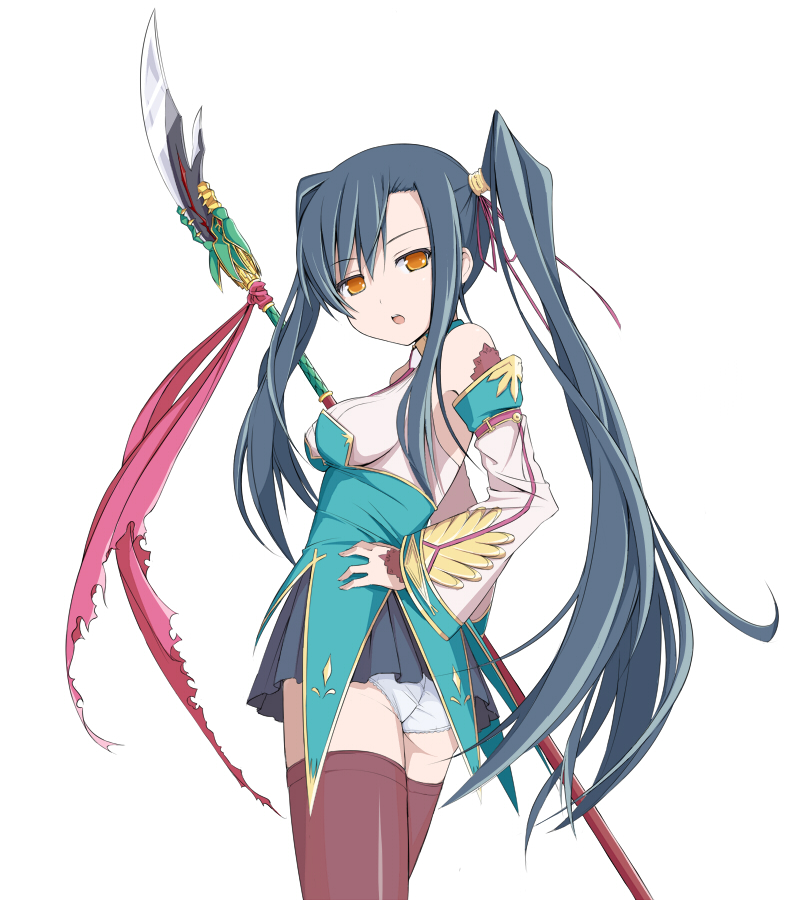 nnyu, kan'u (koihime musou), koihime musou, bad id, bad pixiv id, 00s, ass, black hair, detached sleeves, hair ribbon, long hair, looking back, open mouth, orange eyes, panties, pantyshot, polearm, ribbon, skirt, solo, spear, thighhighs, twintails, underwear, very long hair, weapon, white panties