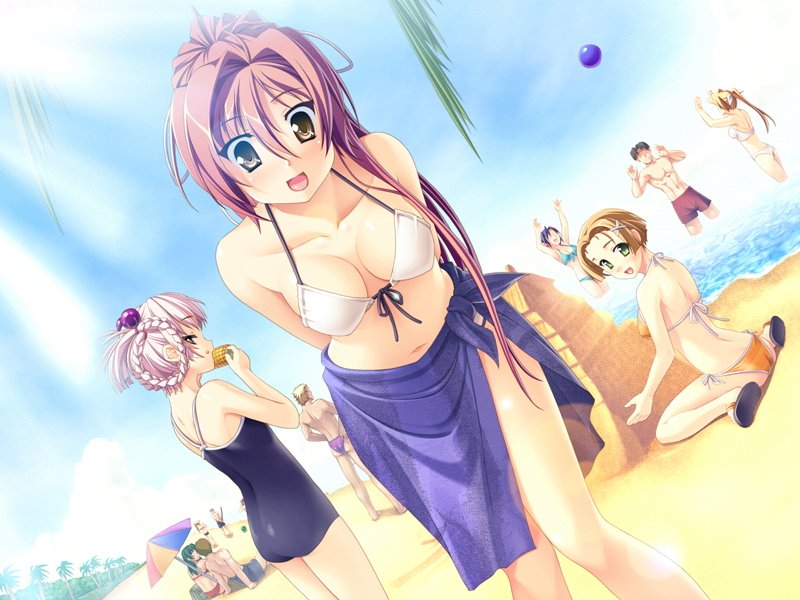 sasaki tamaru, aliet, musuto, yae (ouzoku), ouzoku, game cg, jpeg artifacts, non-web source, 4boys, 6+girls, beach, bent over, bikini, braid, breasts, brown eyes, brown hair, building sand sculpture, cleavage, corn, day, dutch angle, green eyes, hair bobbles, hair ornament, large breasts, leaning forward, long hair, medium breasts, multiple boys, multiple girls, outdoors, ponytail, sand castle, sand sculpture, sarong, short hair, swimsuit, yellow eyes