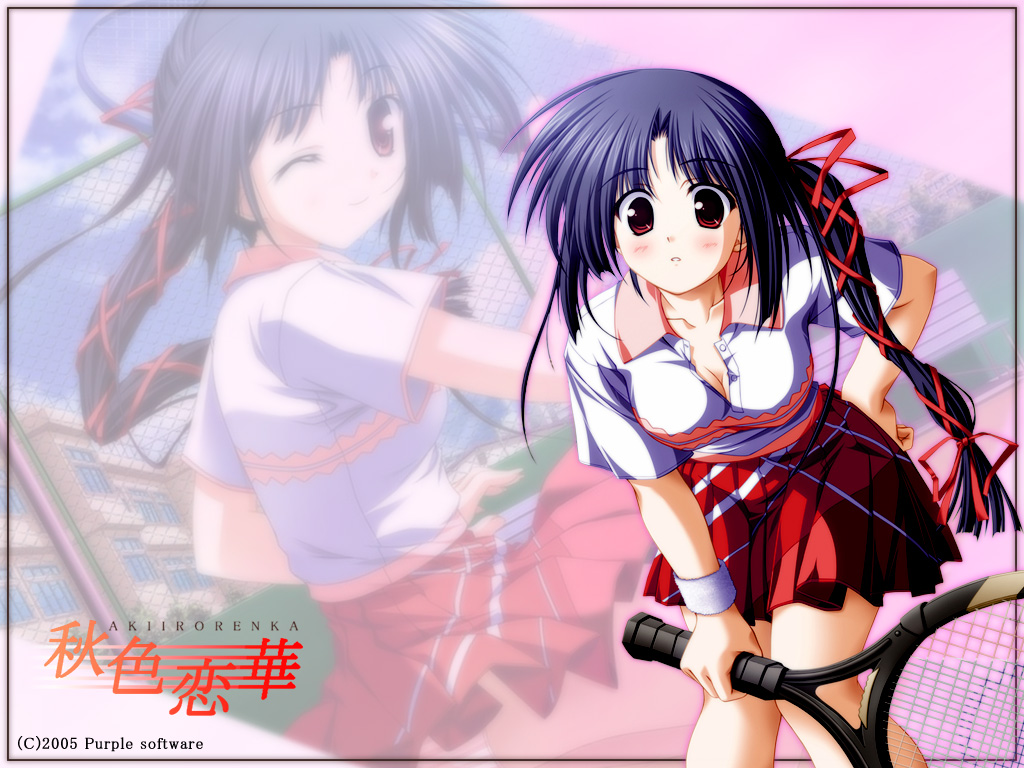 nanjou ibuki, akiiro renka, purple software, non-web source, 00s, 2005, blue hair, breasts, brown eyes, cleavage, hand on own hip, hip focus, leaning forward, long hair, racket, side ponytail, sportswear, tennis racket, tennis uniform