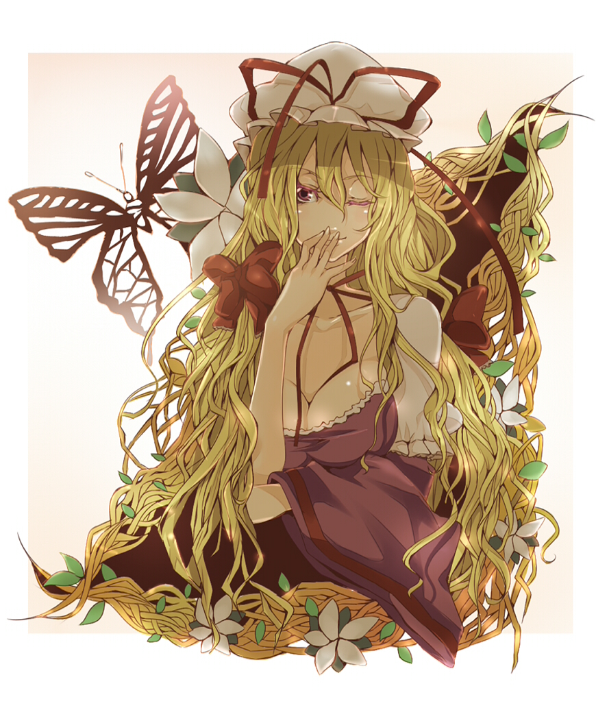 akishima kei, yakumo yukari, touhou, bad id, bad pixiv id, 1girl, blonde hair, bow, breasts, bug, butterfly, cleavage, female focus, flower, gap (touhou), hair bow, hat, large breasts, long hair, one eye closed, purple eyes, ribbon, smile, solo, wink