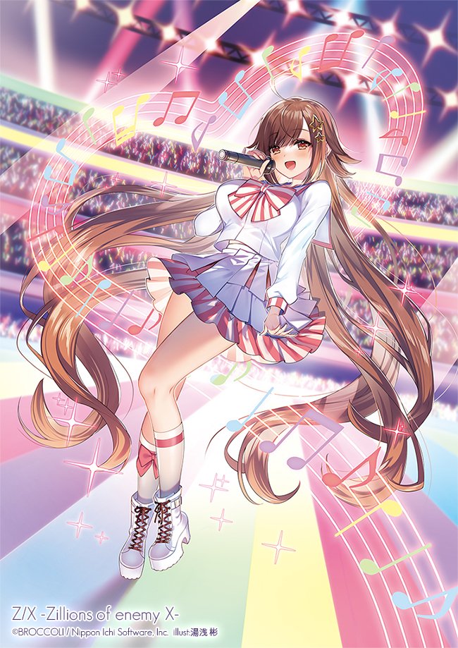 yuasa akira, z/x, official art, 1girl, ahoge, beamed eighth notes, bow, bow legwear, breasts, brown eyes, brown hair, concert, copyright notice, eighth note, glowstick, idol clothes, large breasts, long hair, musical note, musical staff, open mouth, pink bow, pink skirt, prism (z/x), quarter note, shirt, shoes, skirt, socks, solo, sparkle, striped bow, striped clothes, striped skirt, very long hair, white shirt, white shoes, white skirt, white socks