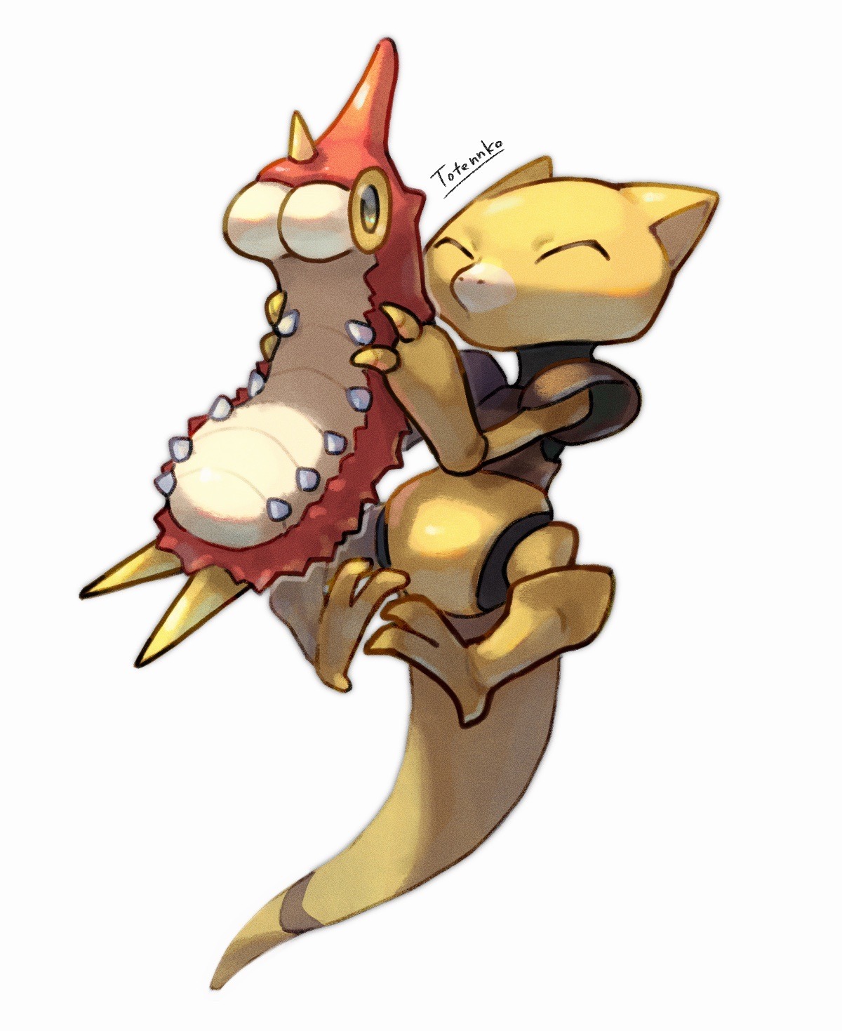 totennko, abra, wurmple, nintendo, pokemon, highres, closed eyes, gen 1 pokemon, gen 3 pokemon, holding, holding pokemon, pokemon (creature), signature, simple background, tail, white background