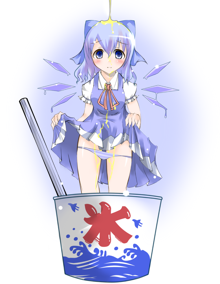 atsushi (pixiv), guunome, cirno, embodiment of scarlet devil, touhou, 1girl, blue hair, dress, female focus, food, gradient background, panties, ribbon, shaved ice, short hair, solo, underwear, white background, wings