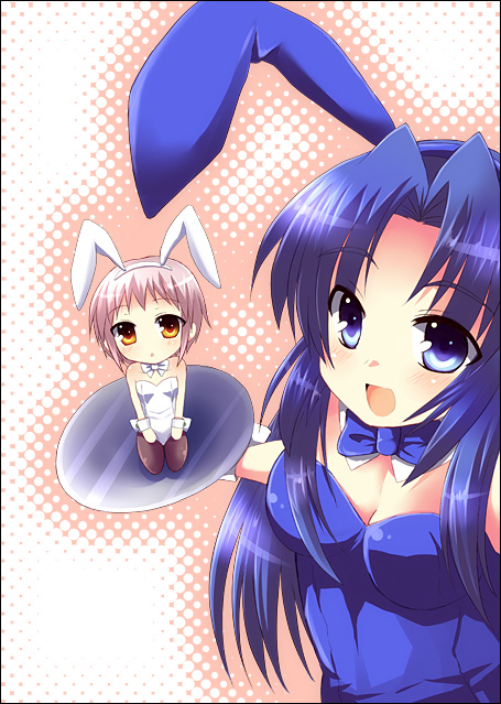 inui nagi, asakura ryoko, nagato yuki, suzumiya haruhi no yuuutsu, silver hair, 00s, animal ears, blue eyes, blue hair, chibi, fake animal ears, long hair, pantyhose, playboy bunny, rabbit ears, short hair, yellow eyes