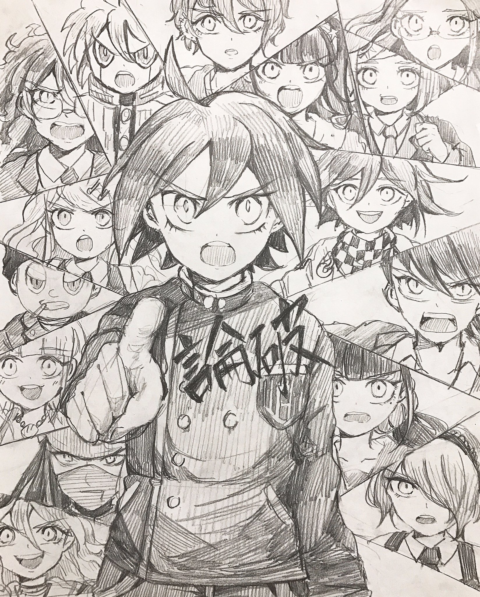 mikoto (cotot), akamatsu kaede, amami rantaro, chabashira tenko, gokuhara gonta, harukawa maki, hoshi ryoma, iruma miu, k1-b0, momota kaito, oma kokichi, saihara shuichi, shinguji korekiyo, shirogane tsumugi, tojo kirumi, yonaga angie, yumeno himiko, danganronpa (series), danganronpa v3: killing harmony, commentary request, highres, traditional media, translation request, 6+boys, 6+girls, ahoge, android, badge, barbed wire, bead necklace, beads, beanie, blazer, blunt bangs, blunt ends, bob cut, breast pocket, buttons, chain, checkered clothes, checkered scarf, choker, cigarette, clenched hand, coat partially removed, collarbone, collared coat, collared jacket, collared shirt, covered mouth, cowboy shot, crest, determined, double-breasted, dress, everyone, eyelashes, facial hair, fortissimo, furrowed brow, gem hair ornament, glasses, goatee, goggles, goggles on head, greyscale, hair between eyes, hair ornament, hair over one eye, hair ribbon, hair scrunchie, hairband, hairclip, hat, jacket, jewelry, lace-trimmed hairband, lace trim, lapels, leather, leather jacket, long hair, looking at viewer, low twintails, mask, messy hair, mole, mole under eye, monochrome, mouth hold, mouth mask, multiple boys, multiple girls, musical note, musical note hair ornament, necklace, necktie, notched lapels, open clothes, open jacket, open mouth, pants, peaked cap, pinafore dress, pinstripe jacket, pinstripe pants, pinstripe pattern, pocket, pointing, pointing at viewer, ribbon, round eyewear, sailor collar, scarf, school uniform, scrunchie, serafuku, shell, shell necklace, shirt, short hair, sleeve cuffs, sleeveless, sleeveless dress, smile, smug, spiked hair, standing, straight hair, teeth, twintails, upper teeth only, v-shaped eyebrows, v-shaped eyes, very long hair, vest, zipper, zipper pull tab