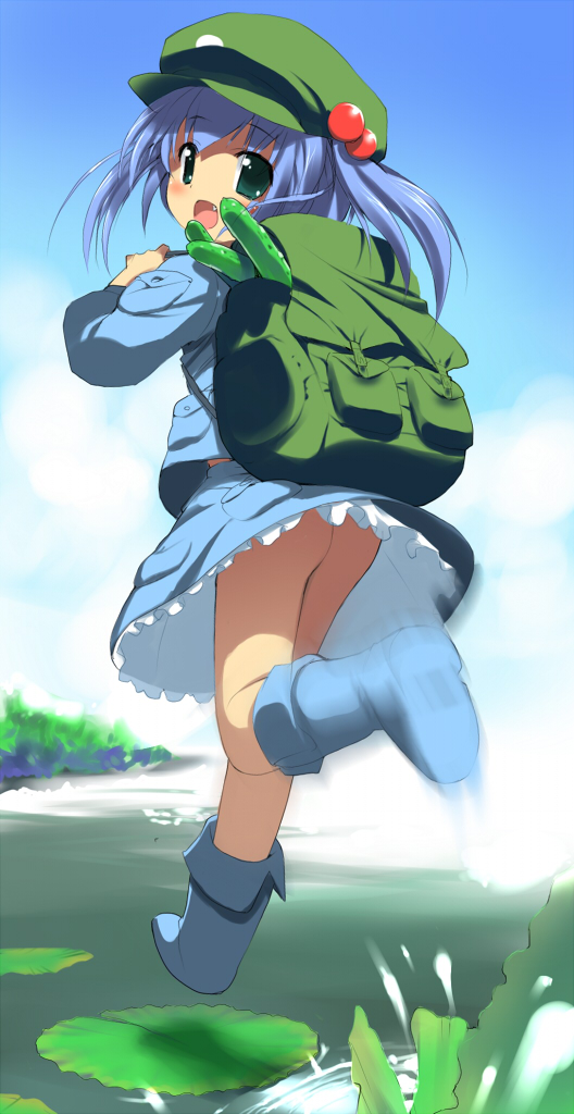 hima, kawashiro nitori, touhou, 1girl, ass, bag, blue hair, cucumber, fang, female focus, hair bobbles, hair ornament, hat, loli, motion blur, no panties, short hair, solo, two side up, water
