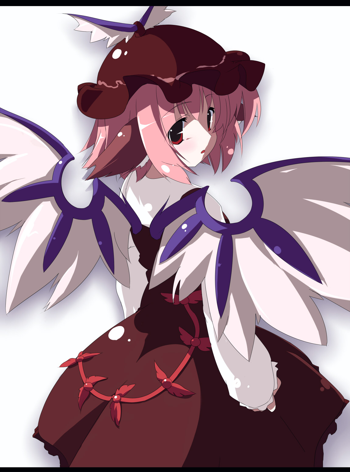 oka, oka (bananashoe), mystia lorelei, touhou, highres, 1girl, animal ears, dress, female focus, hat, letterboxed, looking back, pink hair, red eyes, short hair, solo, wings