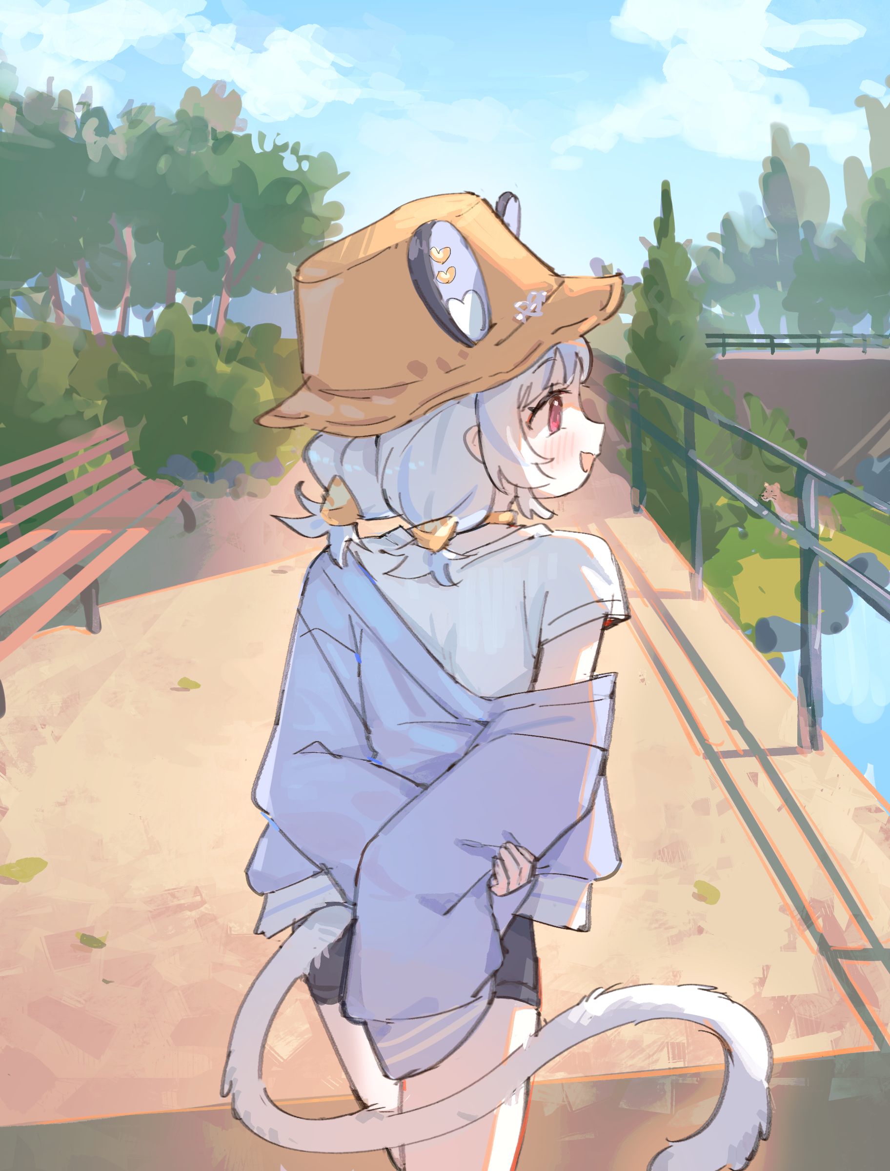 maplesights, nemimi yane, indie virtual youtuber, absurdres, hashtag-only commentary, highres, 1girl, animal ears, arms behind back, bench, bucket hat, choker, closed mouth, day, ears through headwear, fence, from behind, hair ornament, hat, holding own arm, jacket, long sleeves, looking to the side, low twintails, mouse ears, mouse girl, off shoulder, open mouth, outdoors, park bench, profile, red eyes, shirt, short hair, short sleeves, sky, sleeves past fingers, sleeves past wrists, smile, solo, t-shirt, tail, tree, triangle hair ornament, twintails, virtual youtuber, walking, white hair
