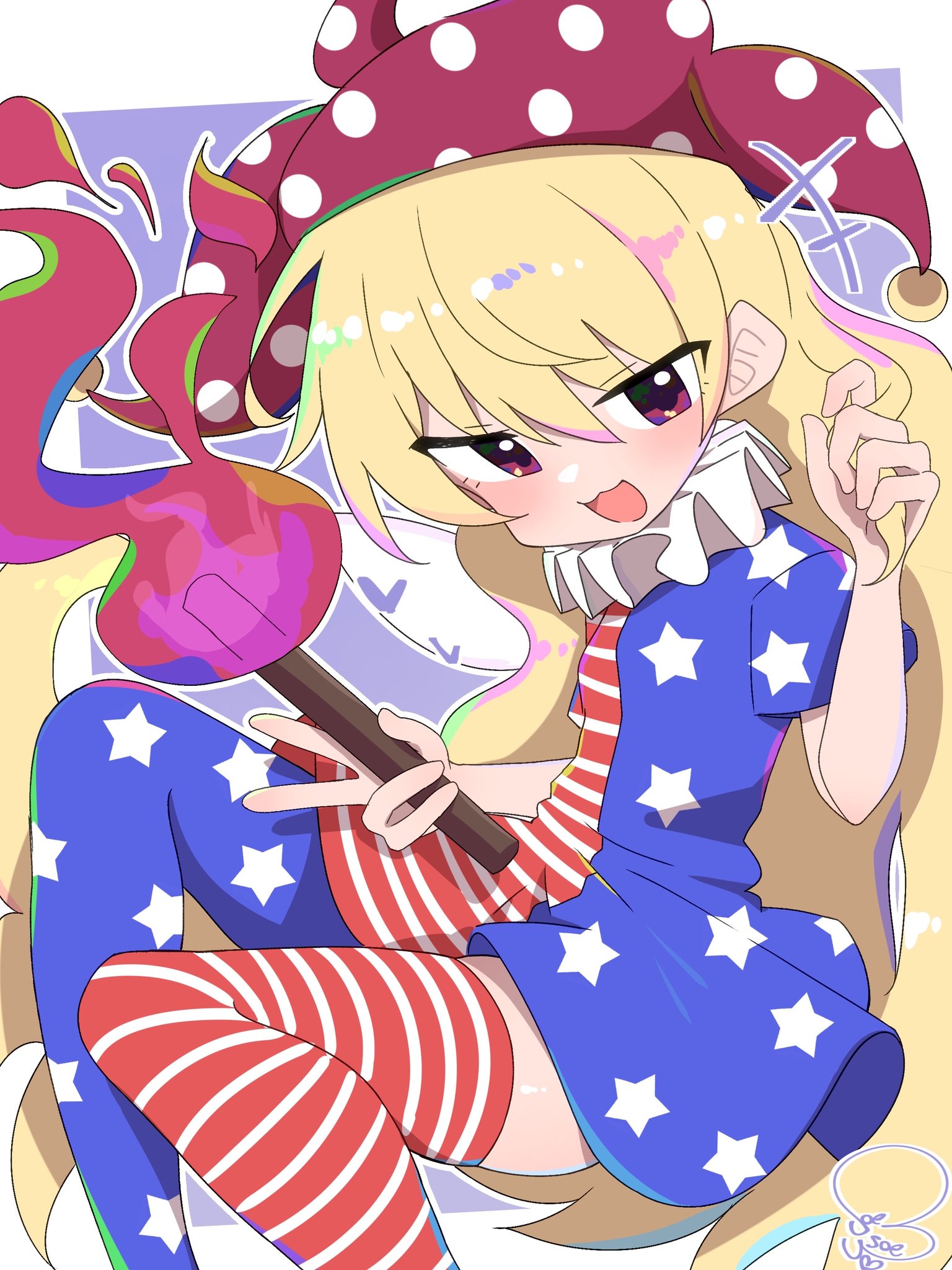 soesoe300, clownpiece, touhou, commentary, highres, 1girl, :d, american flag dress, american flag legwear, blonde hair, dress, feet out of frame, hand up, hat, holding, holding own hair, holding torch, jester cap, long hair, looking at viewer, neck ruff, open mouth, polka dot, short sleeves, signature, smile, solo, star (symbol), star print, striped clothes, thigh peek, torch, two-tone background, v, very long hair