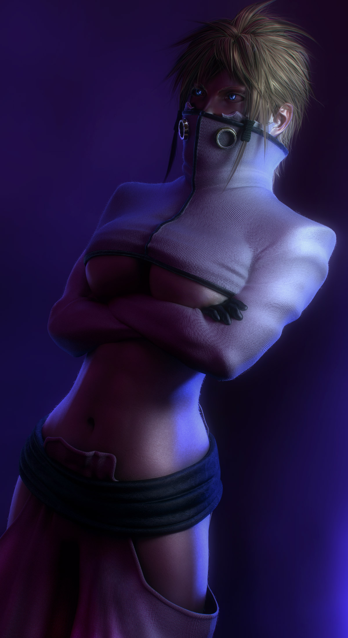 wen jr, tier harribel, bleach, highres, 00s, 1girl, 3d, arrancar, blonde hair, blue eyes, breasts, crossed arms, dark-skinned female, dark skin, female focus, gloves, hollow (bleach), number tattoo, realistic, revealing clothes, solo, tattoo, underboob