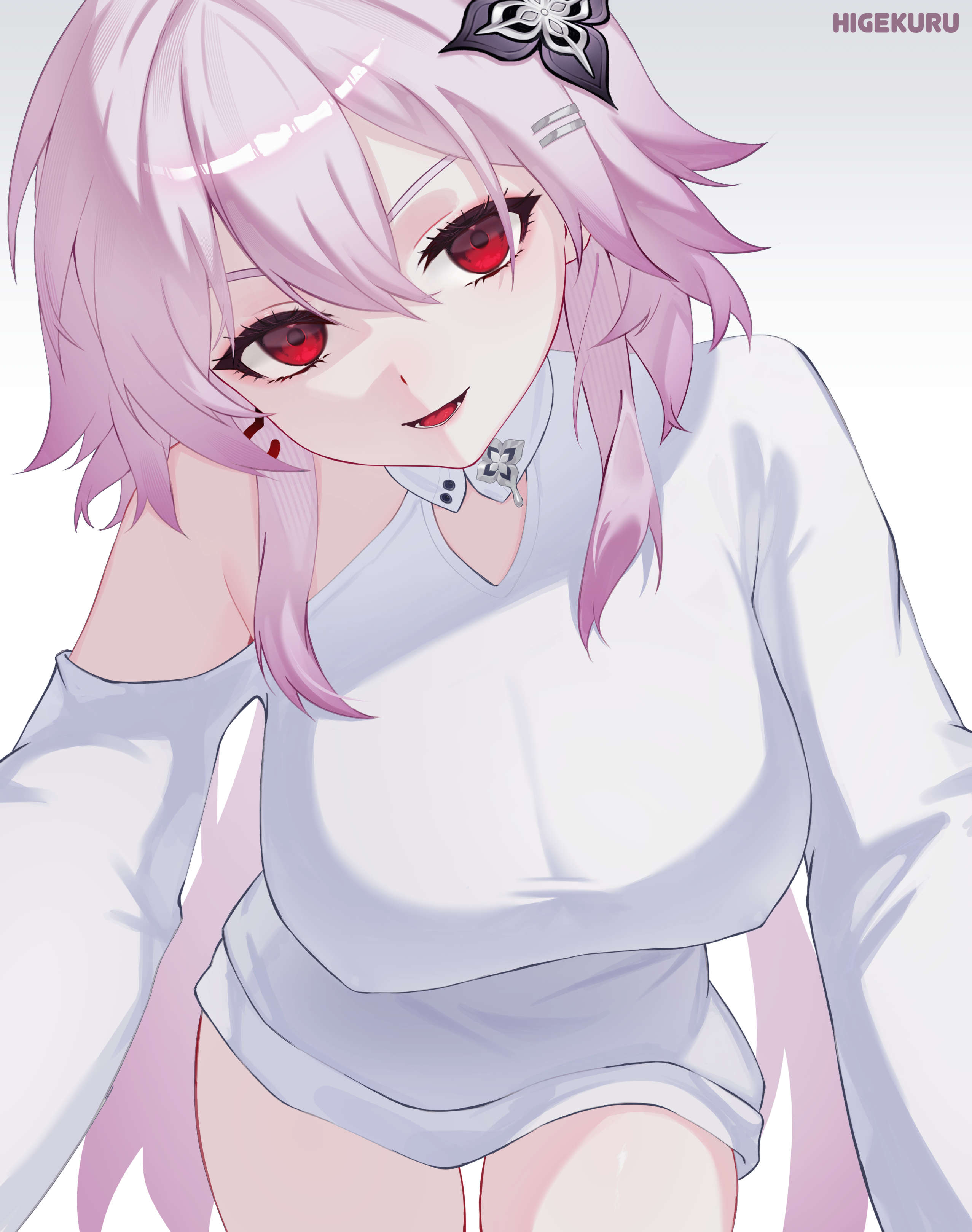 higekuru, evernight (honkai: star rail), march 7th (honkai: star rail), honkai: star rail, honkai (series), absurdres, hashtag-only commentary, highres, 1girl, artist name, breasts, earrings, flower, hair flower, hair ornament, jewelry, large breasts, looking at viewer, open mouth, pink hair, reaching, reaching towards viewer, red eyes, shirt, single bare shoulder, single earring, solo, white background, white shirt