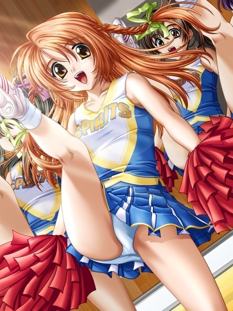 mizushima oonari, kirishima yumi, tokubetsu jugyou 2, game cg, 4girls, :d, bare shoulders, black hair, braid, breasts, brown eyes, brown hair, cheering, cheerleader, clothes writing, collarbone, dutch angle, english text, faceless, faceless female, grey hair, hair ribbon, happy, high kick, high ponytail, holding, indoors, jumping, kicking, kneepits, long hair, looking at viewer, miniskirt, multiple girls, open mouth, orange eyes, orange hair, panties, pantyshot, pleated skirt, pom pom (cheerleading), ponytail, purple hair, ribbon, shoes, side braid, sidelocks, skirt, small breasts, smile, sneakers, socks, solo focus, standing, tank top, taut clothes, twin braids, underwear, white panties