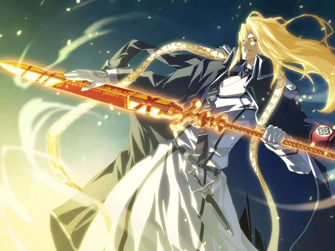 g yuusuke, reinhard tristan eugen heydrich, dies irae, shinza bansho series, game cg, non-web source, official art, third-party source, 1boy, armband, belt, blonde hair, clenched hand, coat, dagger, deutsches ahnenerbe, gloves, green eyes, grin, holding, holding weapon, jacket, jacket on shoulders, knife, lance, lance of longinus (dies irae), long hair, long sleeves, male focus, military, military uniform, outstretched arm, polearm, reinhard heydrich (dies irae), runes, sheath, smile, stole, trench coat, weapon, white gloves, wind