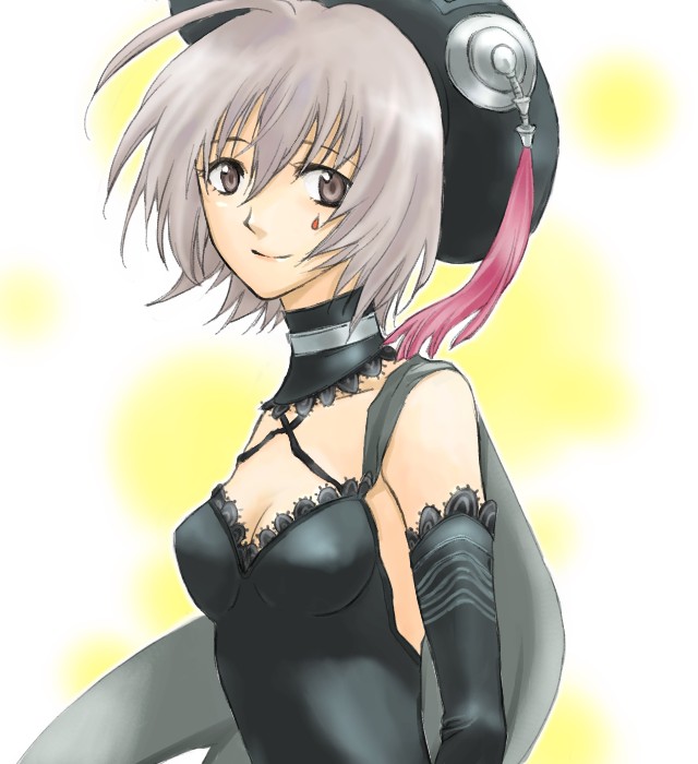 shio kirrameru, shino (.hack//), shino (.hack//g.u.), .hack//, .hack//g.u., .hack//roots, bandai, cyber connect 2, silver hair, 00s, 1girl, breasts, cape, choker, cleavage, detached sleeves, facial mark, female focus, grey eyes, hat, short hair, small breasts, smile, solo