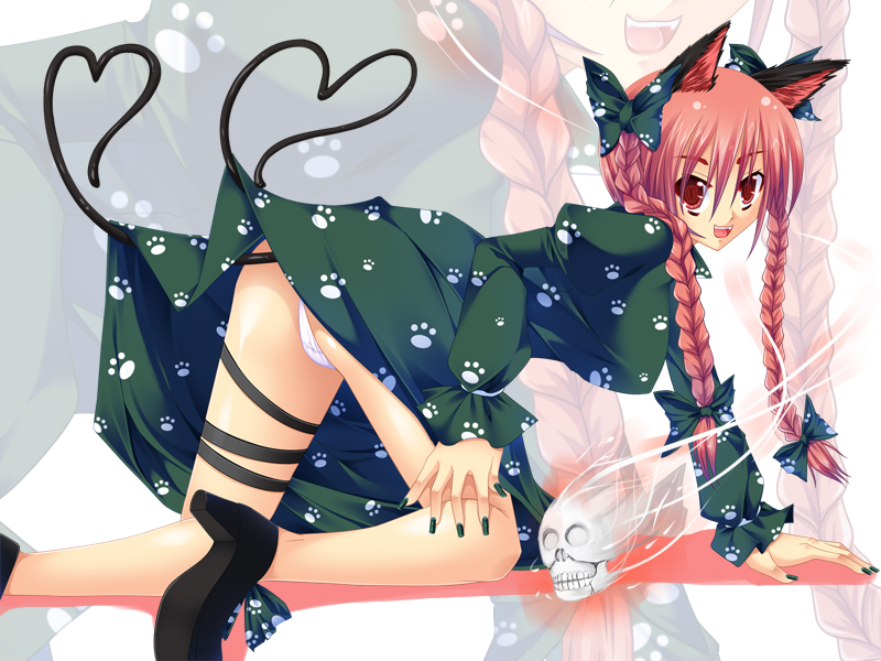 kirise mitsuru, kaenbyou rin, touhou, 1girl, animal ears, braid, breasts, cat ears, cat girl, cat tail, dress, female focus, heart, heart tail, panties, red eyes, red hair, skull, solo, tail, twin braids, twintails, underwear