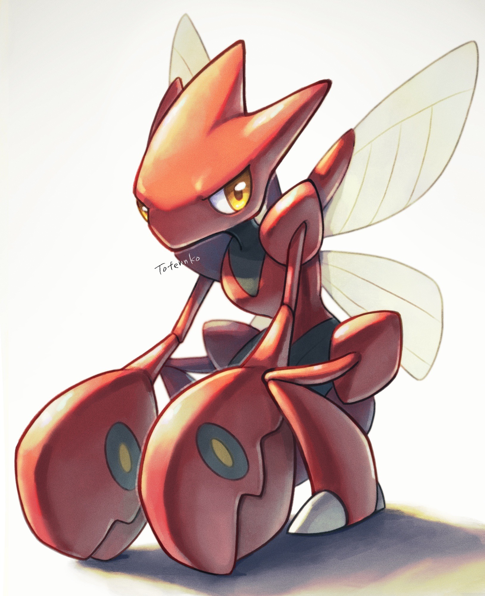 totennko, scizor, nintendo, pokemon, highres, brown eyes, gen 2 pokemon, looking at viewer, no humans, pokemon (creature), signature, simple background, solo, squatting, white background