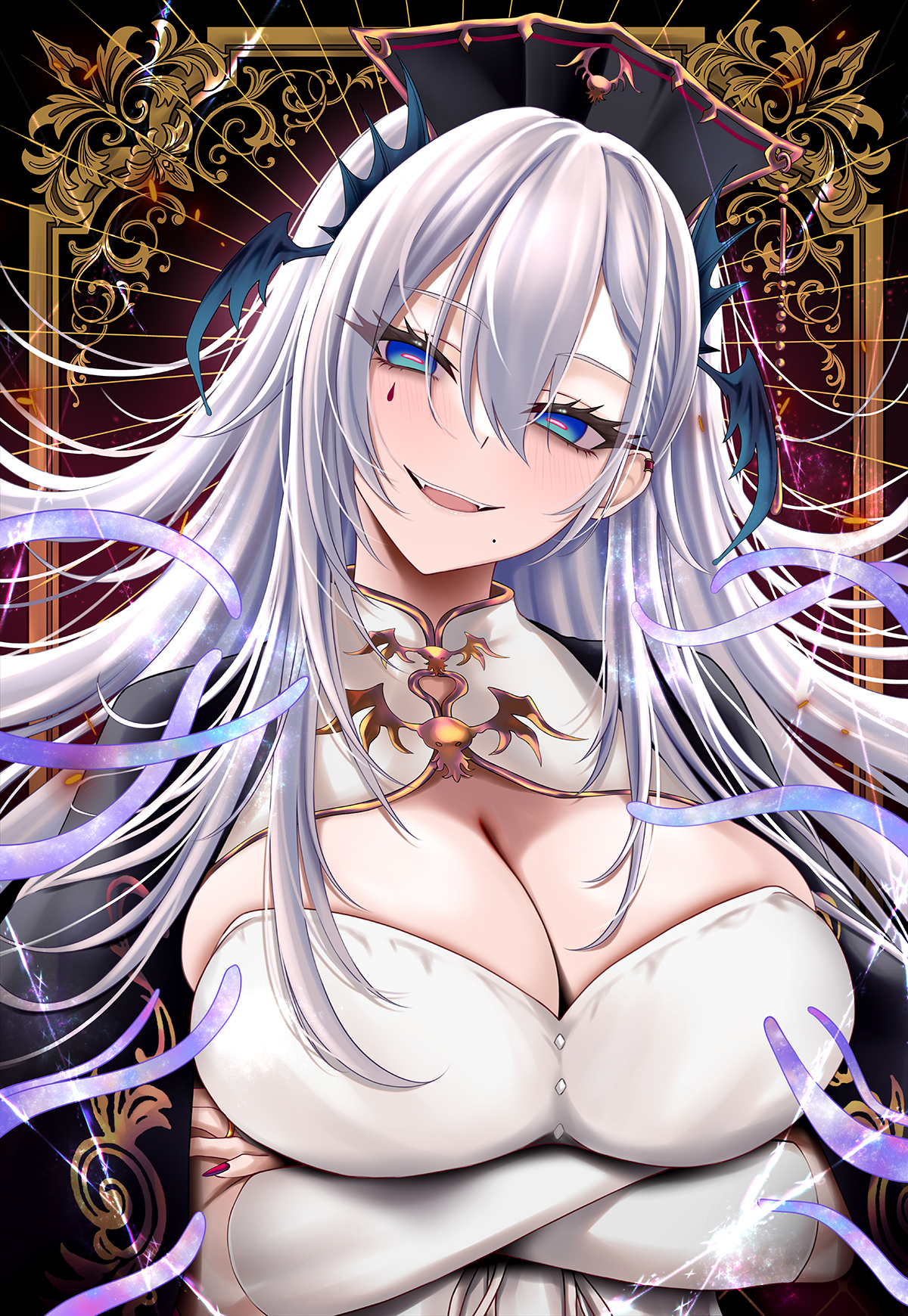m (1n910), pochimaru (vtuber), indie virtual youtuber, commentary, highres, 1girl, arms under breasts, black jacket, blue eyes, breasts, cleavage, crossed arms, facial mark, fingernails, hair between eyes, head tilt, horizontal pupils, jacket, jacket on shoulders, large breasts, light blush, long fingernails, long hair, looking at viewer, mark under eye, mole, mole under mouth, monster girl, nail polish, open mouth, pink pupils, red nails, slit pupils, smile, solo, upper body, virtual youtuber, white hair