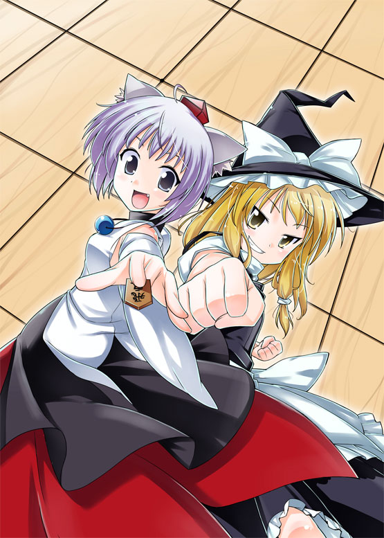 kiku hitomoji, tora tooru, toru tooru, inubashiri momiji, kirisame marisa, touhou, 2girls, animal ears, blonde hair, board game, female focus, hat, multiple girls, shogi, white hair, witch, witch hat
