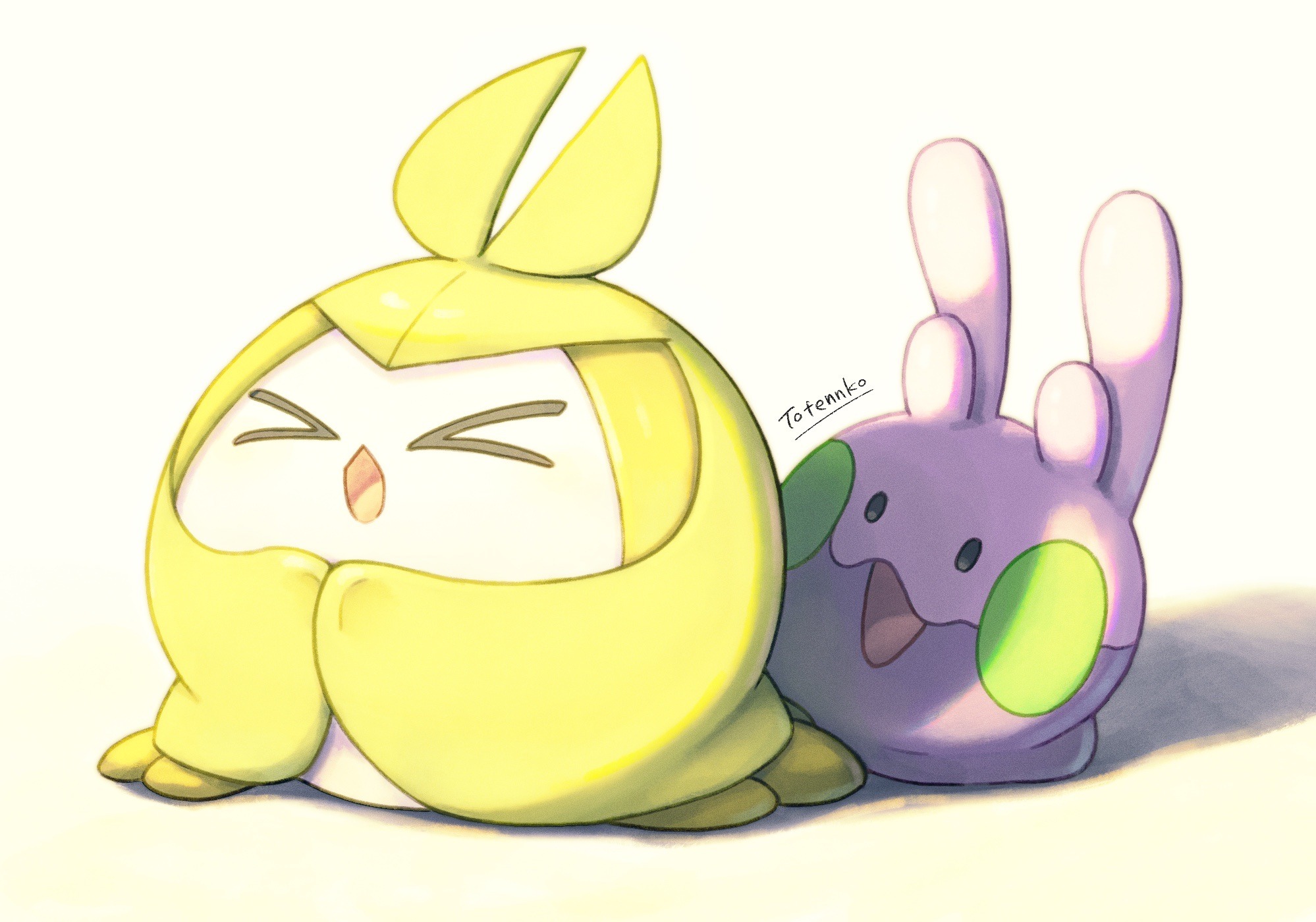 totennko, goomy, swadloon, nintendo, pokemon, highres, alternate color, alternate shiny pokemon, closed eyes, gen 5 pokemon, gen 6 pokemon, no humans, open mouth, pokemon (creature), signature, simple background, white background