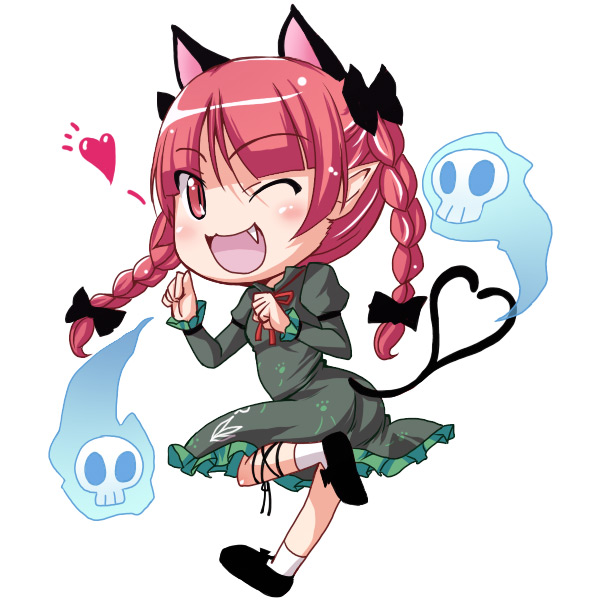 natsumi akira, kaenbyou rin, touhou, 1girl, animal ears, braid, cat ears, cat girl, cat tail, chibi, fang, female focus, full body, heart, heart tail, multiple tails, one eye closed, red eyes, red hair, simple background, skull, solo, standing, tail, twin braids, white background, wink