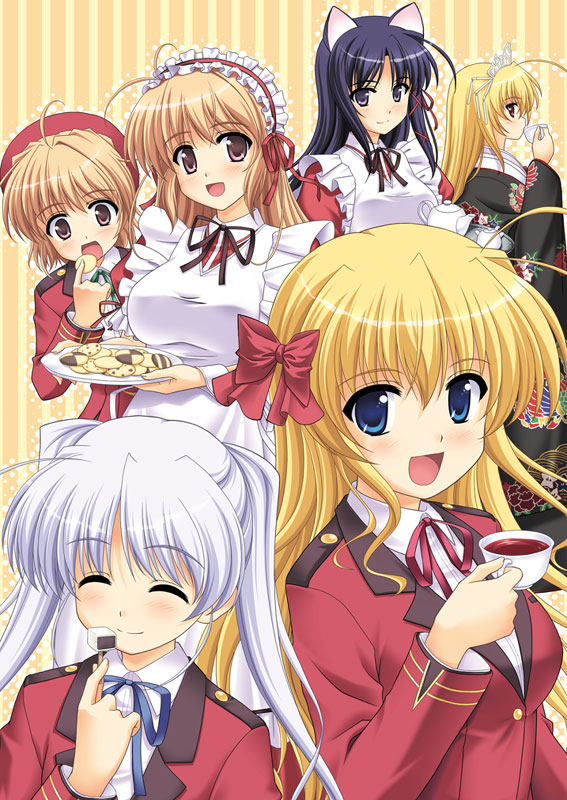 masakichi (crossroad), kuze kiriha, sendou erika, sendou kaya, tougi shiro, yuuki haruna, yuuki kanade, fortune arterial, 6+girls, animal ears, blue eyes, breasts, cat ears, checkerboard cookie, closed eyes, cookie, cup, food, japanese clothes, kimono, large breasts, looking at viewer, maid, multiple girls, open mouth, school uniform, serafuku, smile, tea, teacup, teapot, tray