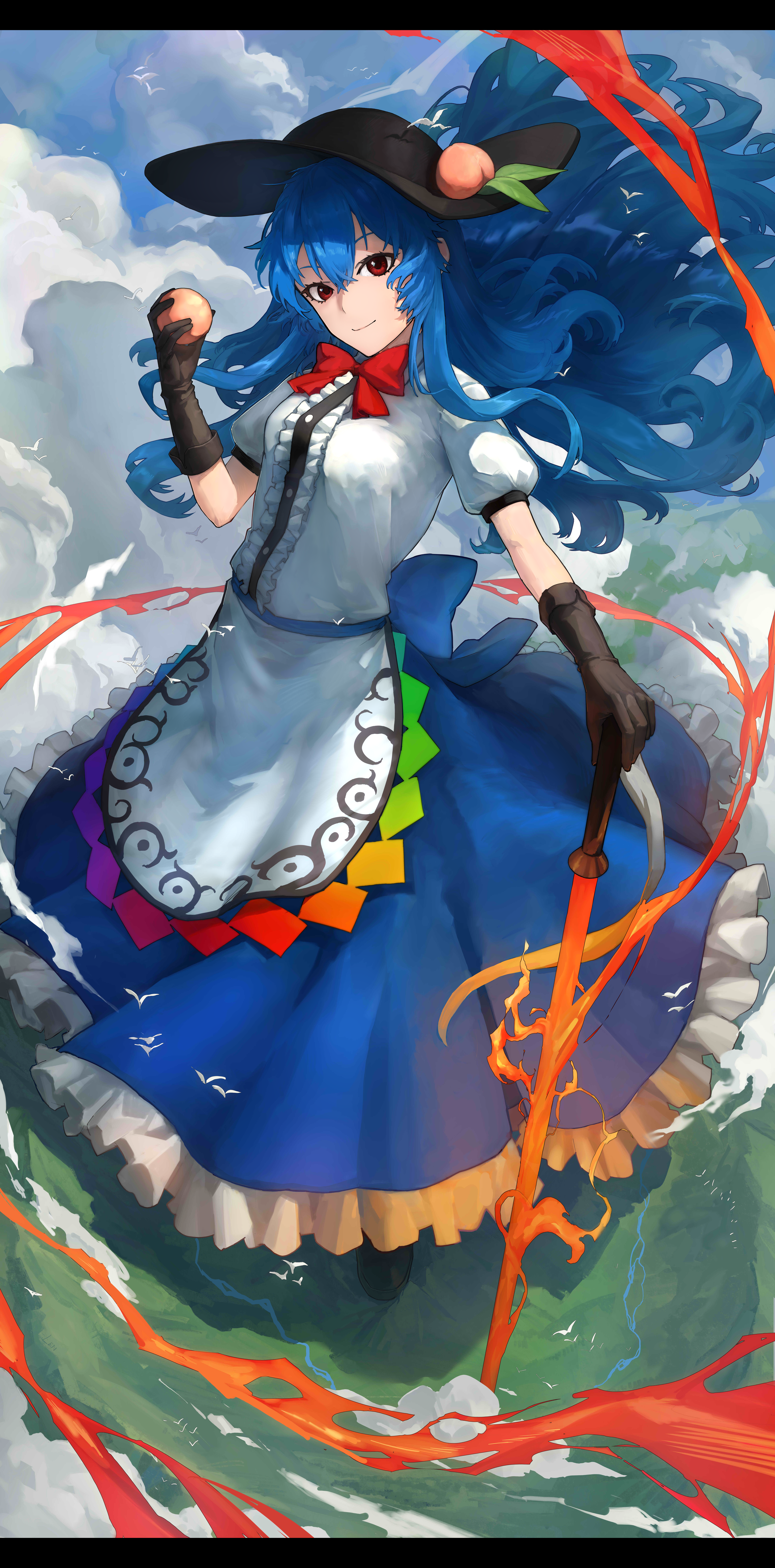 dark-dead, hinanawi tenshi, touhou, absurdres, check commentary, chinese commentary, commentary request, highres, 1girl, apron, back bow, bird, black boots, black gloves, black hat, blue bow, blue hair, blue skirt, boots, bow, bowtie, breasts, buttons, center frills, cloud, cloudy sky, collared shirt, fire, flaming weapon, food, frilled skirt, frills, fruit, gloves, hat, hat ornament, holding, holding food, holding fruit, holding sword, holding weapon, leaf hat ornament, long hair, long skirt, medium breasts, peach hat ornament, puffy short sleeves, puffy sleeves, rainbow gradient rope, red bow, red bowtie, red eyes, river, shirt, short sleeves, skirt, sky, smile, solo, sword, sword of hisou, very long hair, waist apron, wavy hair, weapon, white apron, white shirt