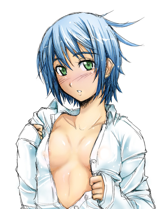 kiricha, figarette elraine, double arts, 1girl, blue hair, blush, breasts, female focus, green eyes, open clothes, open shirt, shirt, short hair, solo