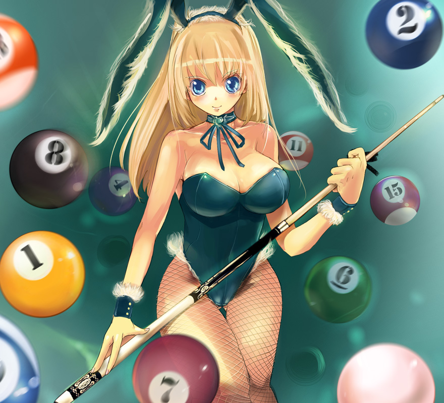 suoni (deeperocean), original, 1girl, animal ears, ball, billiard ball, billiards, blonde hair, blue hair, breasts, cue stick, fake animal ears, female focus, fishnet pantyhose, fishnets, huge breasts, large breasts, long hair, pantyhose, playboy bunny, rabbit ears, solo