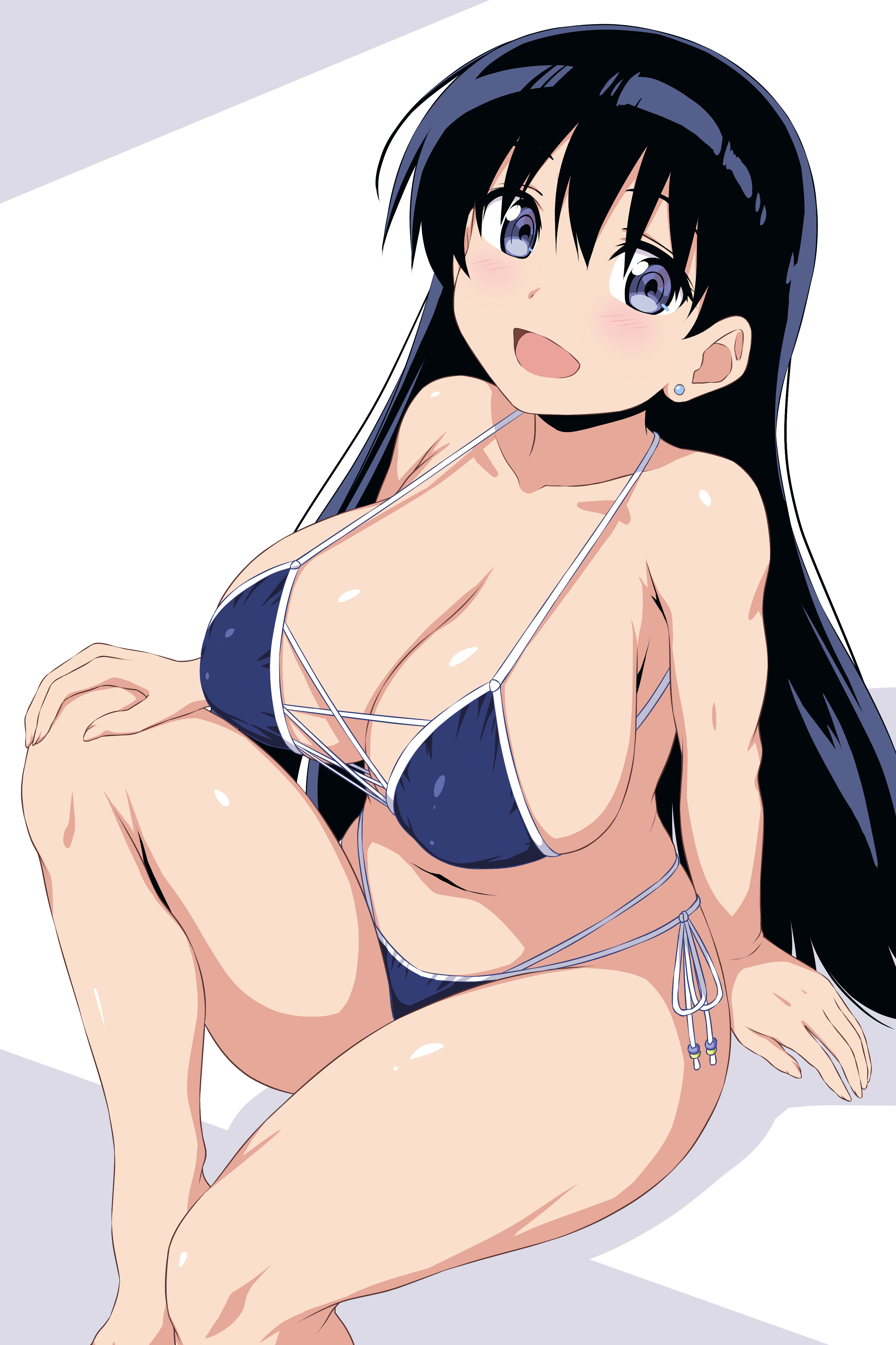 nori tamago, arato nagi, ruri no houseki, absurdres, highres, 1girl, bare shoulders, bikini, black hair, blue bikini, blue eyes, breasts, cleavage, cross-laced bikini, cross-laced clothes, curvy, earrings, hand on own knee, huge breasts, jewelry, long hair, looking at viewer, midriff, multi-strapped bikini bottom, navel, open mouth, side-tie bikini bottom, sitting, smile, solo, stud earrings, swimsuit, thighs