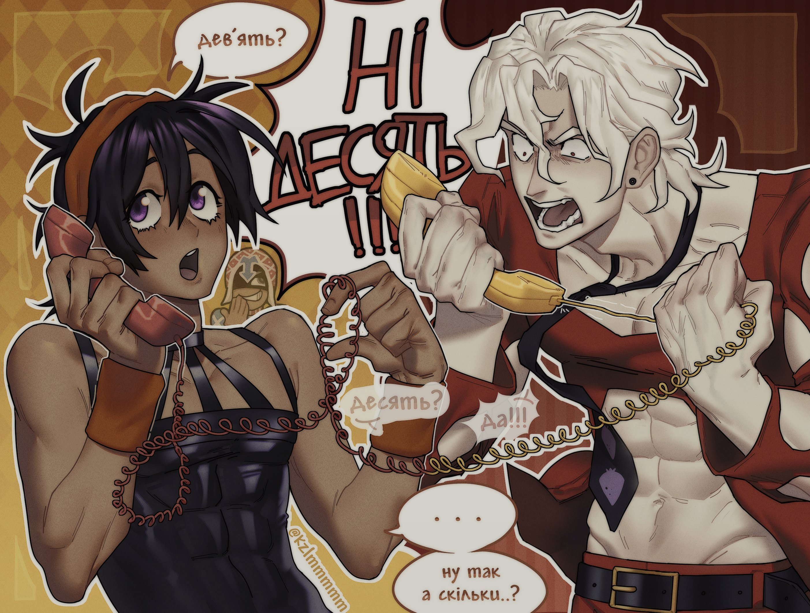 guido mista, narancia ghirga, pannacotta fugo, jojo no kimyou na bouken, vento aureo, highres, 3boys, abs, albino, angry, argyle clothes, argyle hat, belt, black belt, black hair, black necktie, black tank top, chain, clothing cutout, corded phone, dark-skinned male, dark skin, earrings, food-themed earrings, hairband, hat, holding, holding phone, jacket, jewelry, kzlmmmmm, long sleeves, male focus, medium hair, multiple boys, necktie, open mouth, orange hairband, pants, pectorals, phone, purple eyes, red jacket, red pants, shaded face, shouting, speech bubble, talking on phone, tank top, toned, toned male, ukrainian text, white hair, wristband